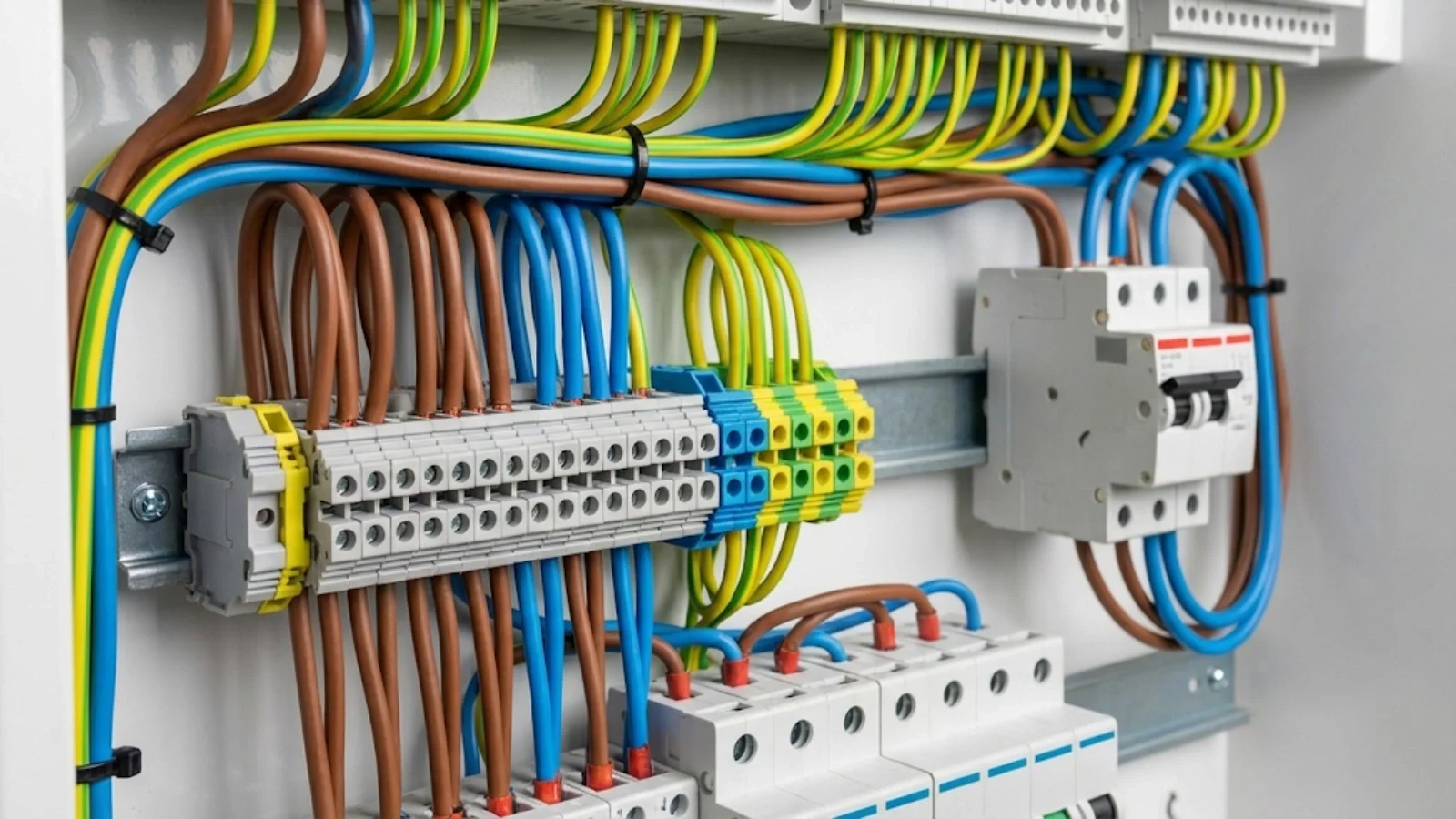 Colour-coded electrical wiring showing red, blue, and green-yellow conductors used in electrical installations