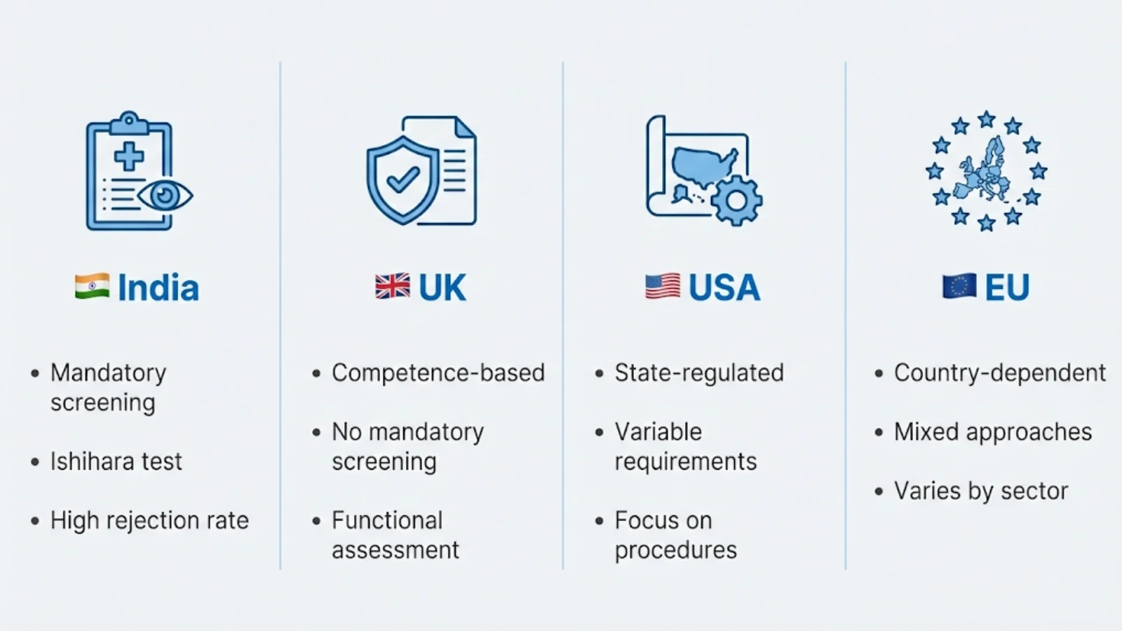 Comparison diagram showing how different countries assess colour vision for electrical work