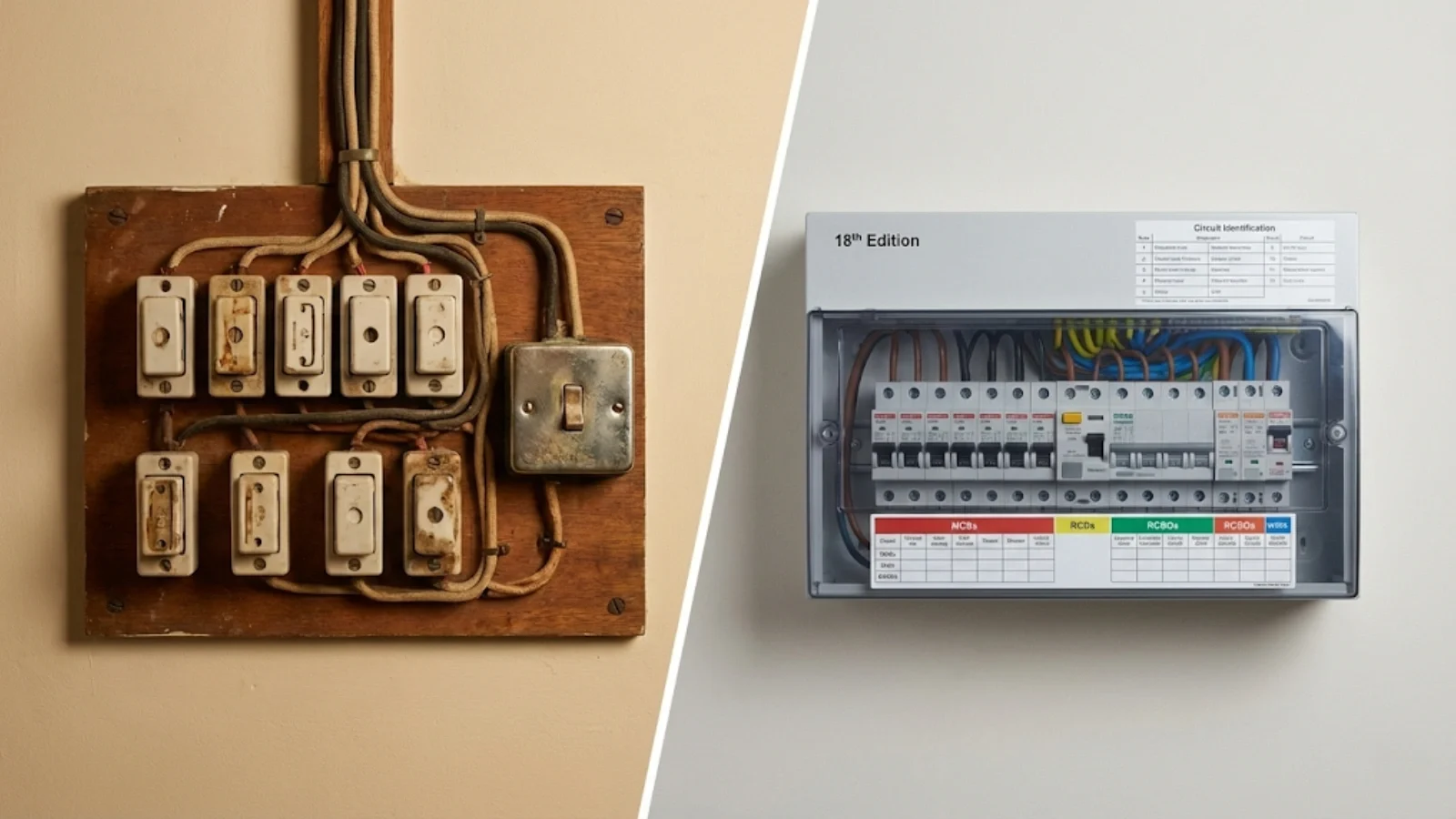 Comparison of outdated pre-1919 fuse board and modern consumer unit with RCD protection