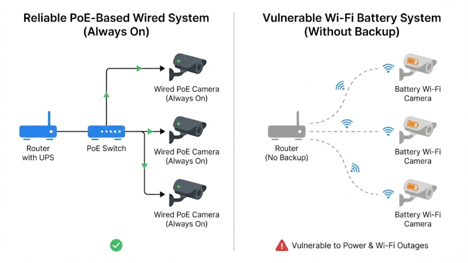 Comparison of reliable PoE security system with UPS backup versus vulnerable Wi-Fi battery camera system without power protection Comparison of reliable PoE security system with UPS backup versus vulnerable Wi-Fi battery camera system without power protection