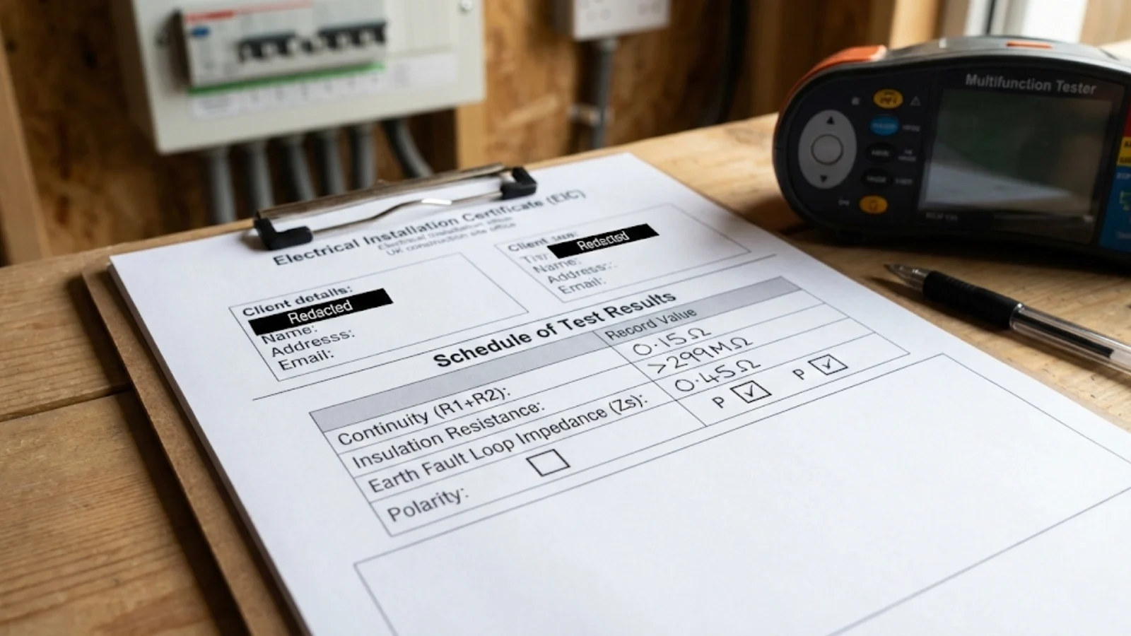 Completed Electrical Installation Certificate showing recorded test results