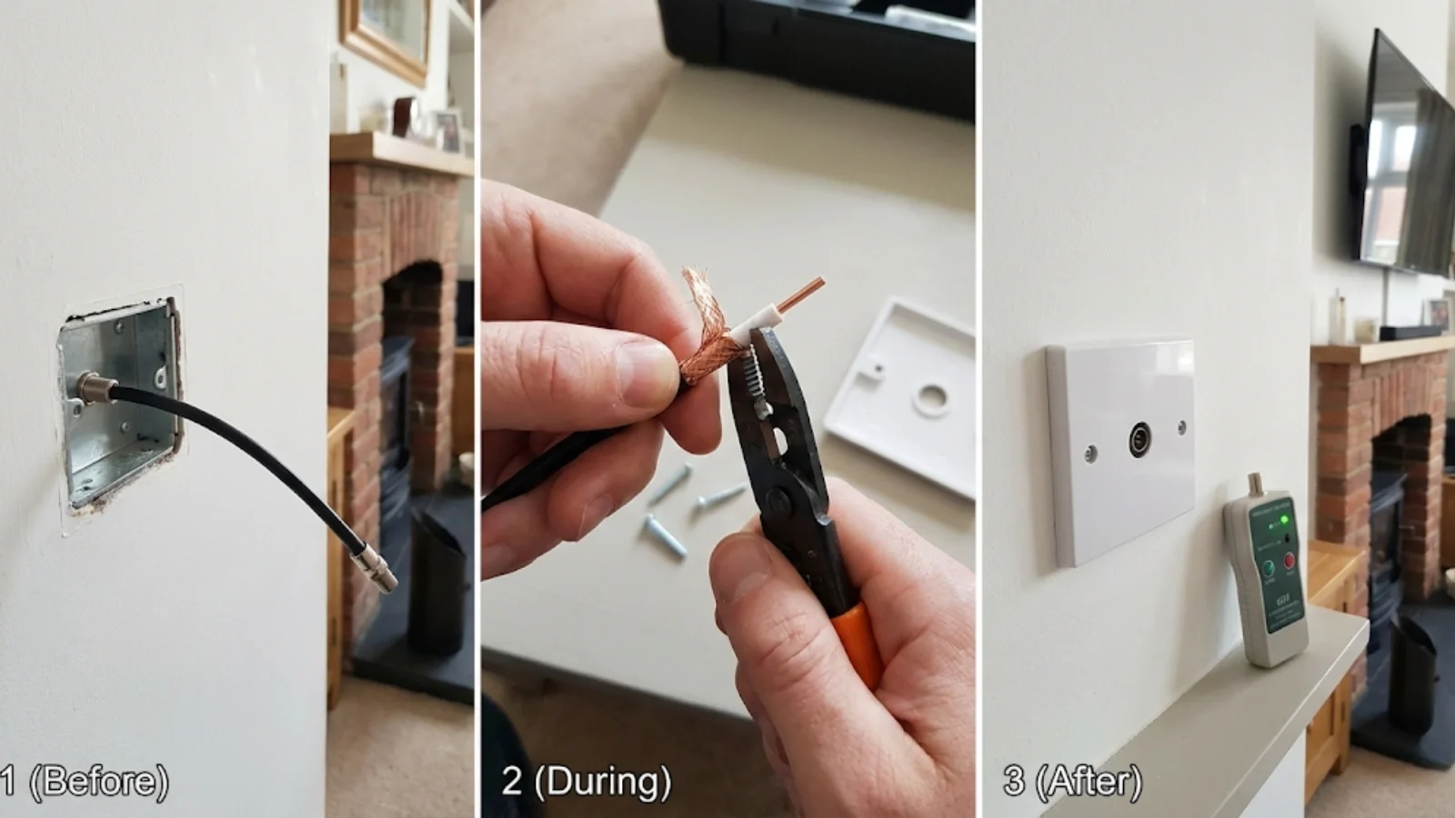 Completed TV point faceplate installed after correct coaxial cable termination