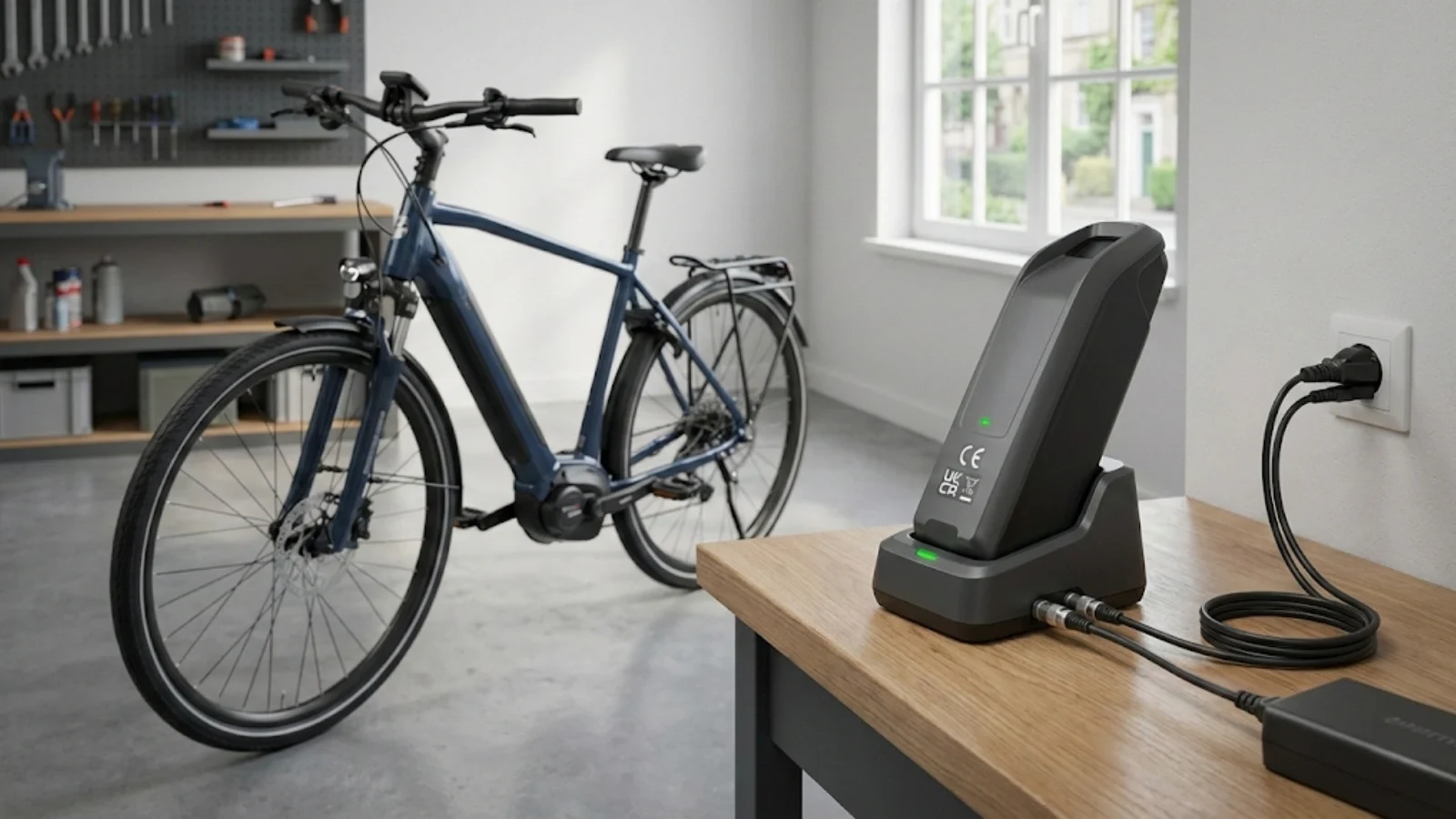 Compliant e-bike with removable battery showing proper charging system meeting UK safety standards Compliant e-bikes meeting BS EN 15194 include proper Battery Management Systems and safety certifications