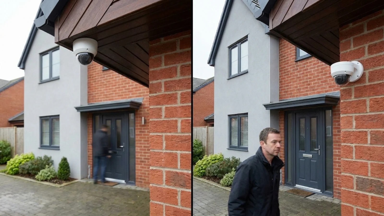 Correct and incorrect security camera positioning comparison showing high-mounted camera missing faces versus properly positioned face-level installation Correct and incorrect security camera positioning comparison showing high-mounted camera missing faces versus properly positioned face-level installation