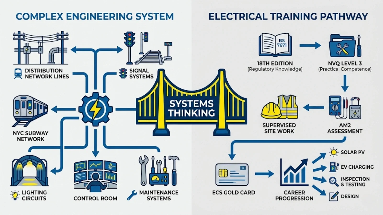 Diagram comparing NYC Subway engineering systems with structured electrical training pathway, showing interconnected components and staged career progression