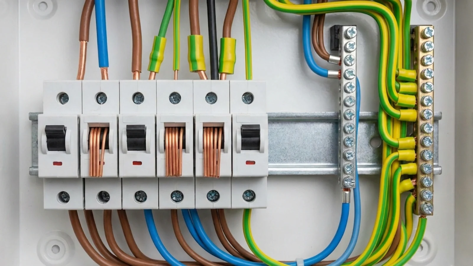 Distribution board terminations showing proper conductor preparation and connection