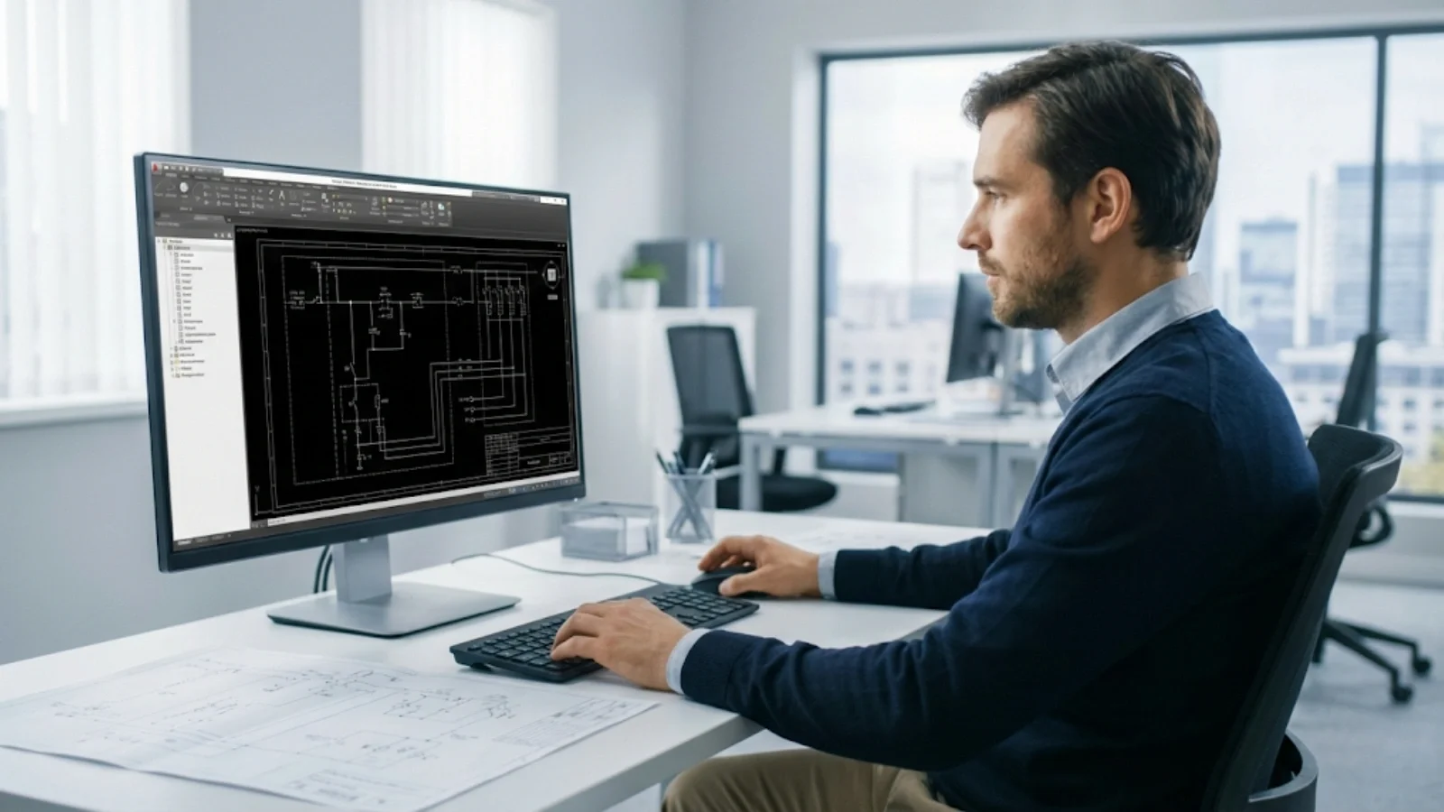 Electrical engineer working on design and circuit calculations in office setting