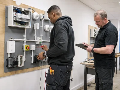 Electrical learner completing a Level 3 inspection and testing assessment while an assessor records observations on a training board.