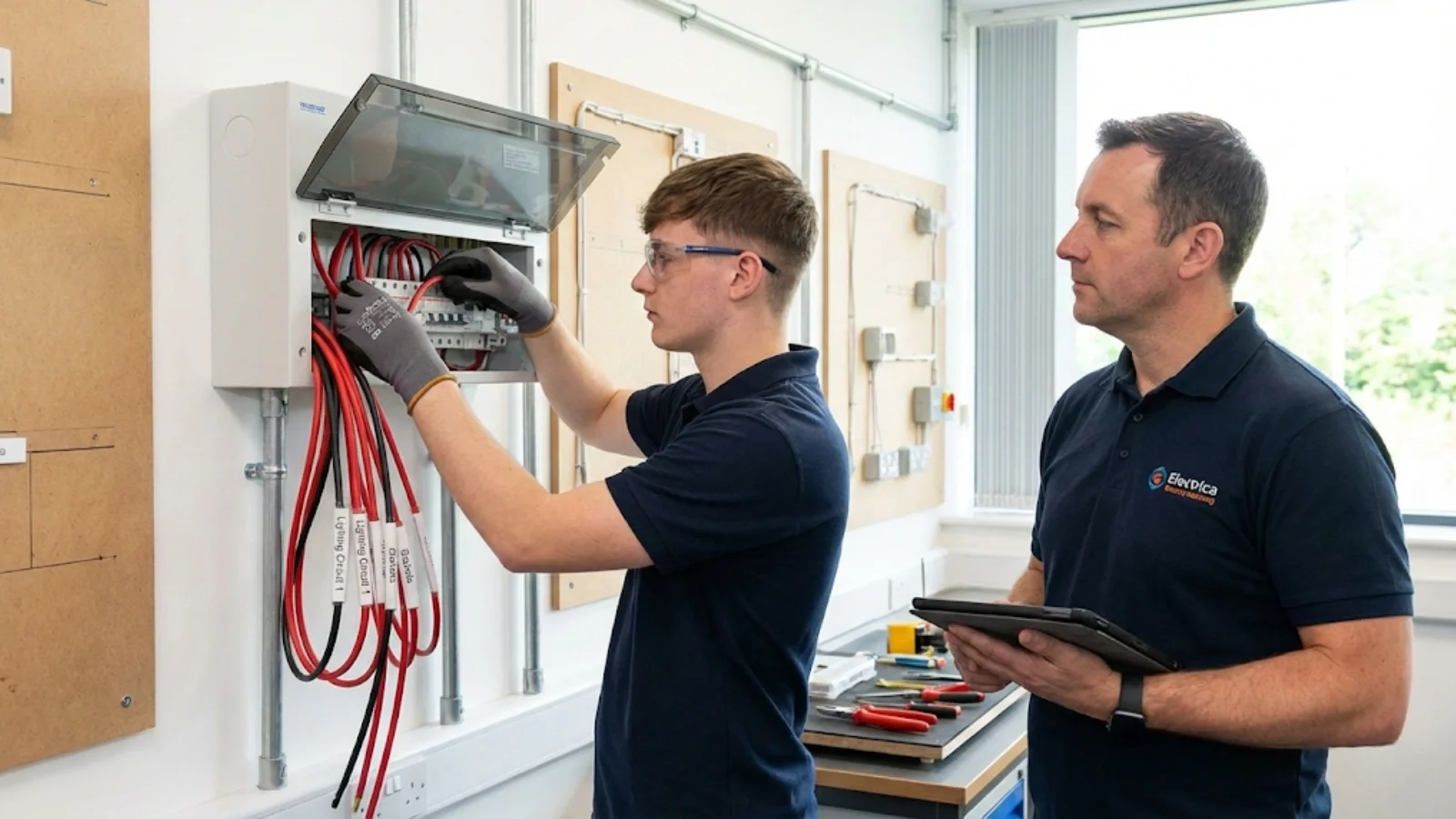 Electrical learner installing consumer unit circuits under instructor supervision with neat cable dressing and proper identification labels in training environment