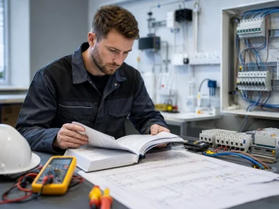 Electrical learner reviewing technical documentation beside an electrical training panel and testing equipment.