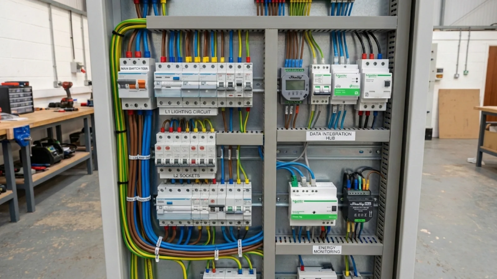 Electrical panel installation showing traditional circuit breakers integrated with smart monitoring sensors, neatly dressed cabling, and clearly labelled circuits in a professional training bay