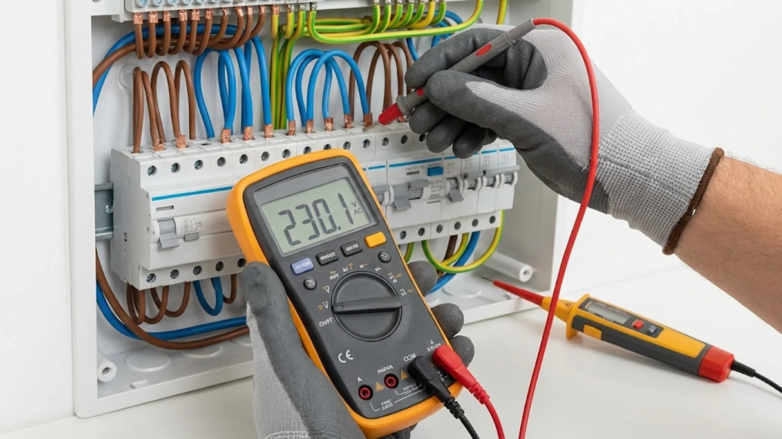 Electrical testing equipment including multimeter used for conductor verification beyond colour coding
