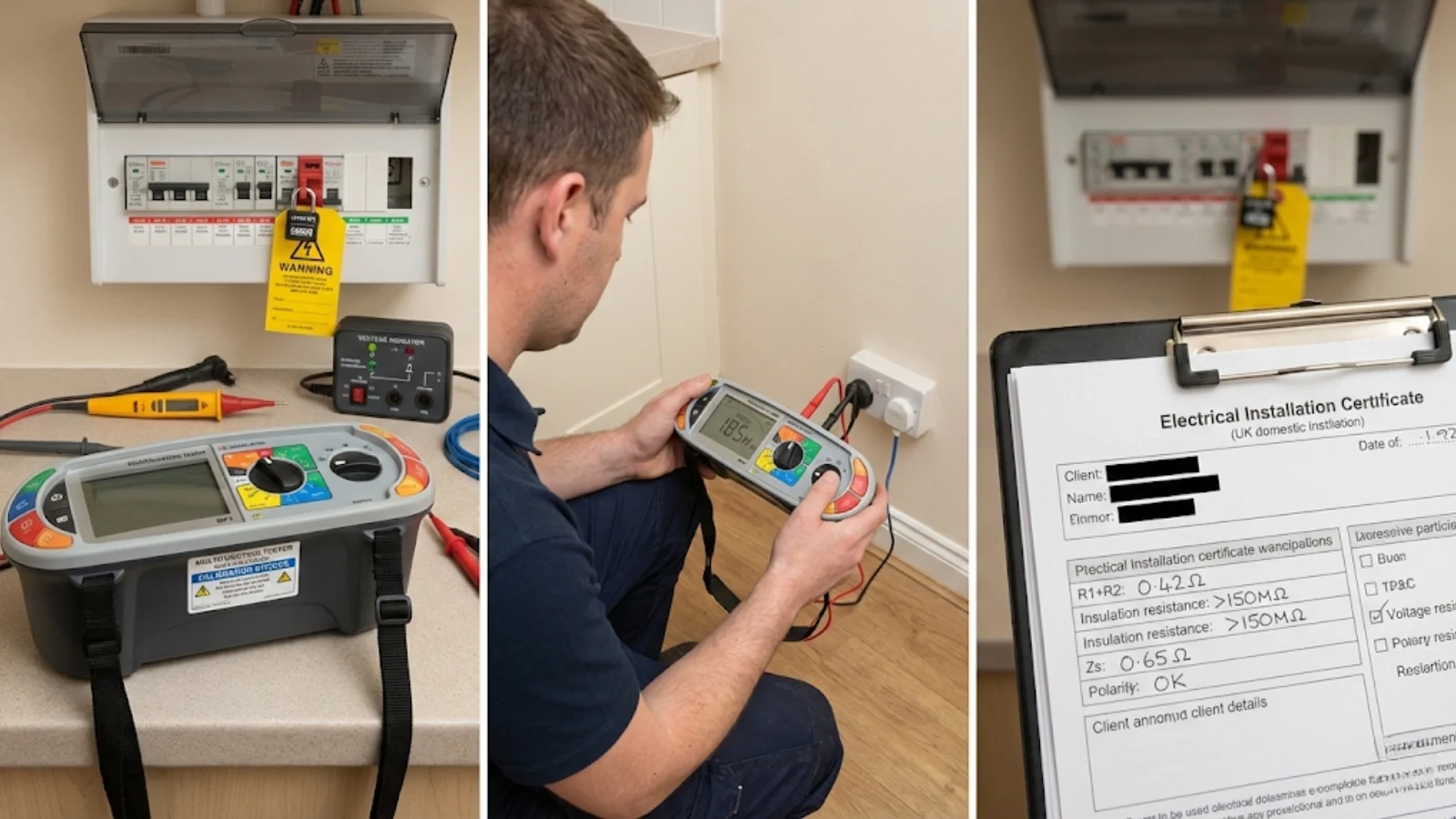 Electrical testing sequence showing multifunction tester use and completed installation certificate with recorded results