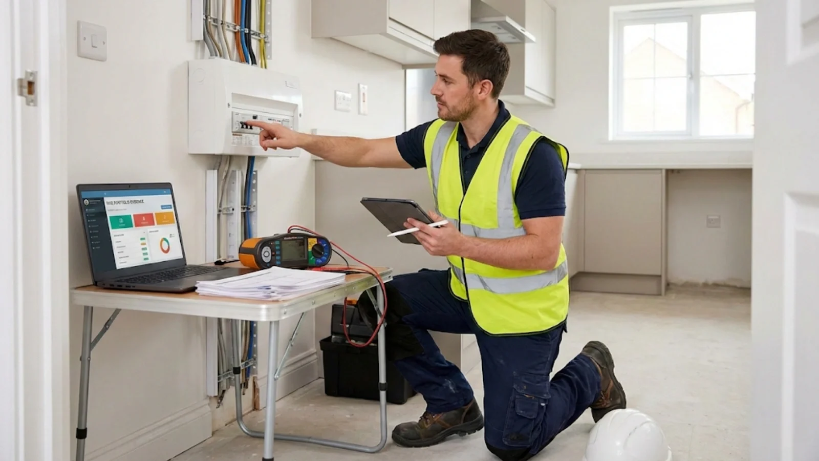 Electrician documenting electrical installation work for NVQ Level 3 portfolio evidence