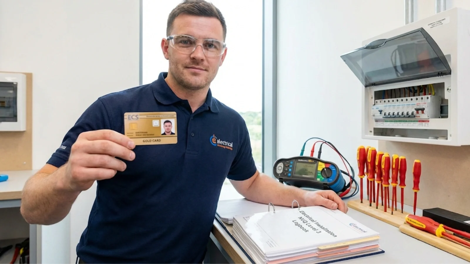 Electrician holding ECS Gold Card with NVQ portfolio and test equipment
