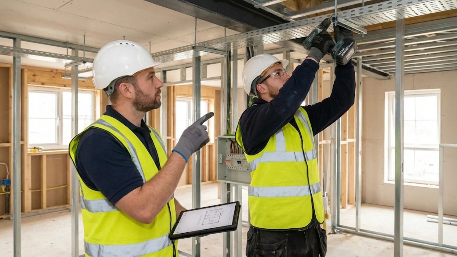 Electrician in supervisory role overseeing and checking another operative's electrical work