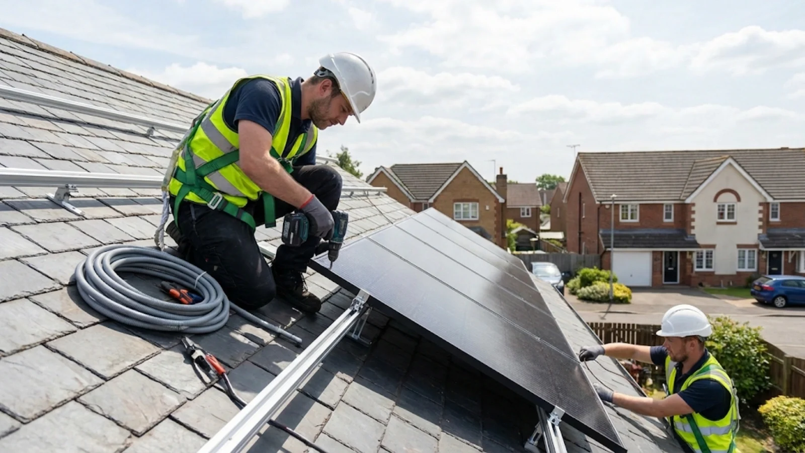 Electrician installing renewable energy equipment showing specialized electrical work opportunities