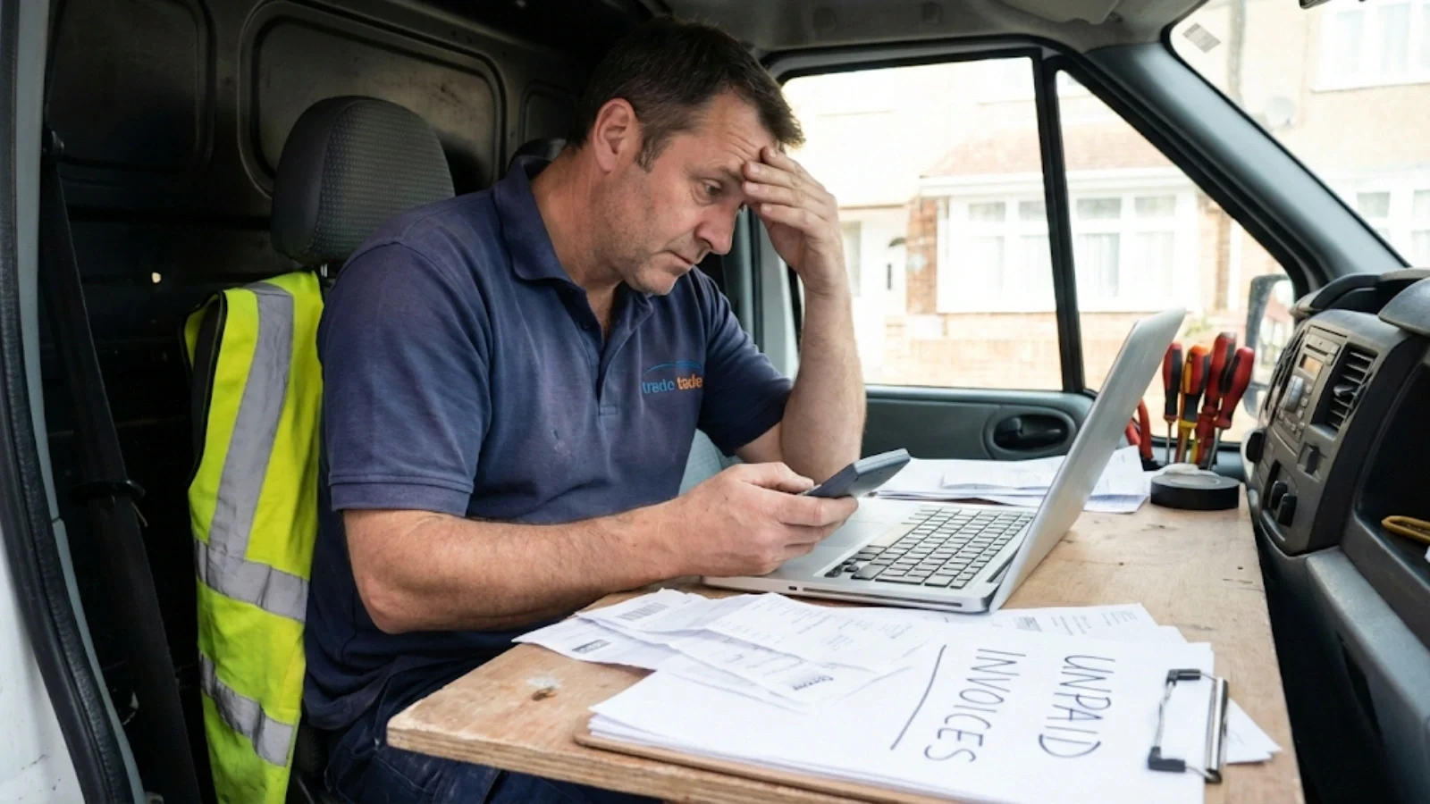 Electrician managing invoices and paperwork showing business administration challenges in the electrical trade