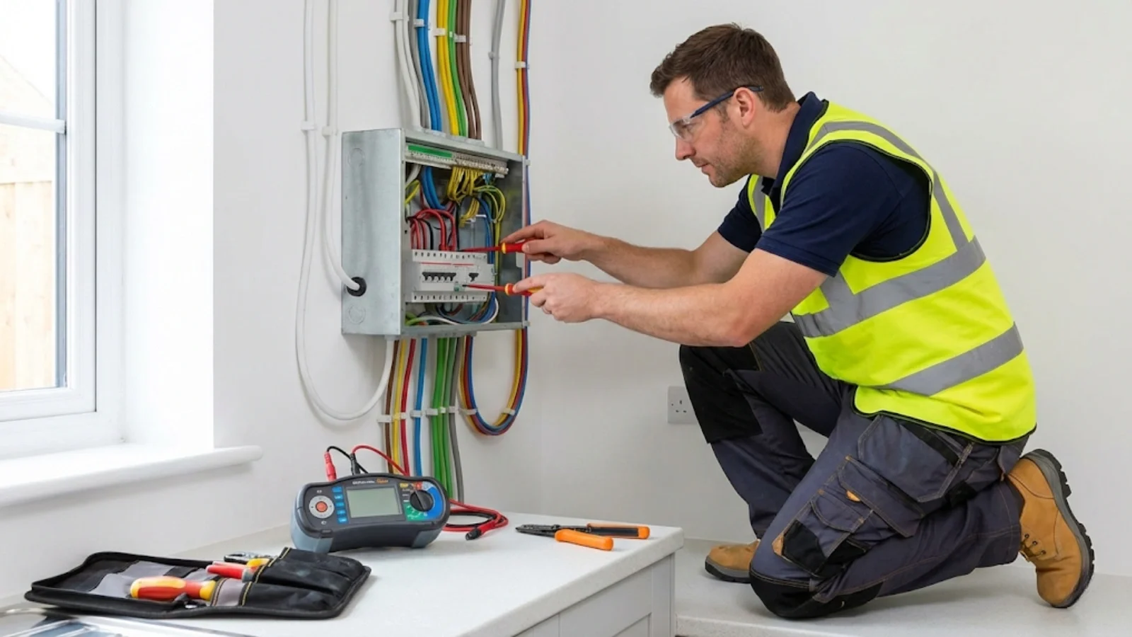 Electrician performing electrical installation work showing technical competence in the trade