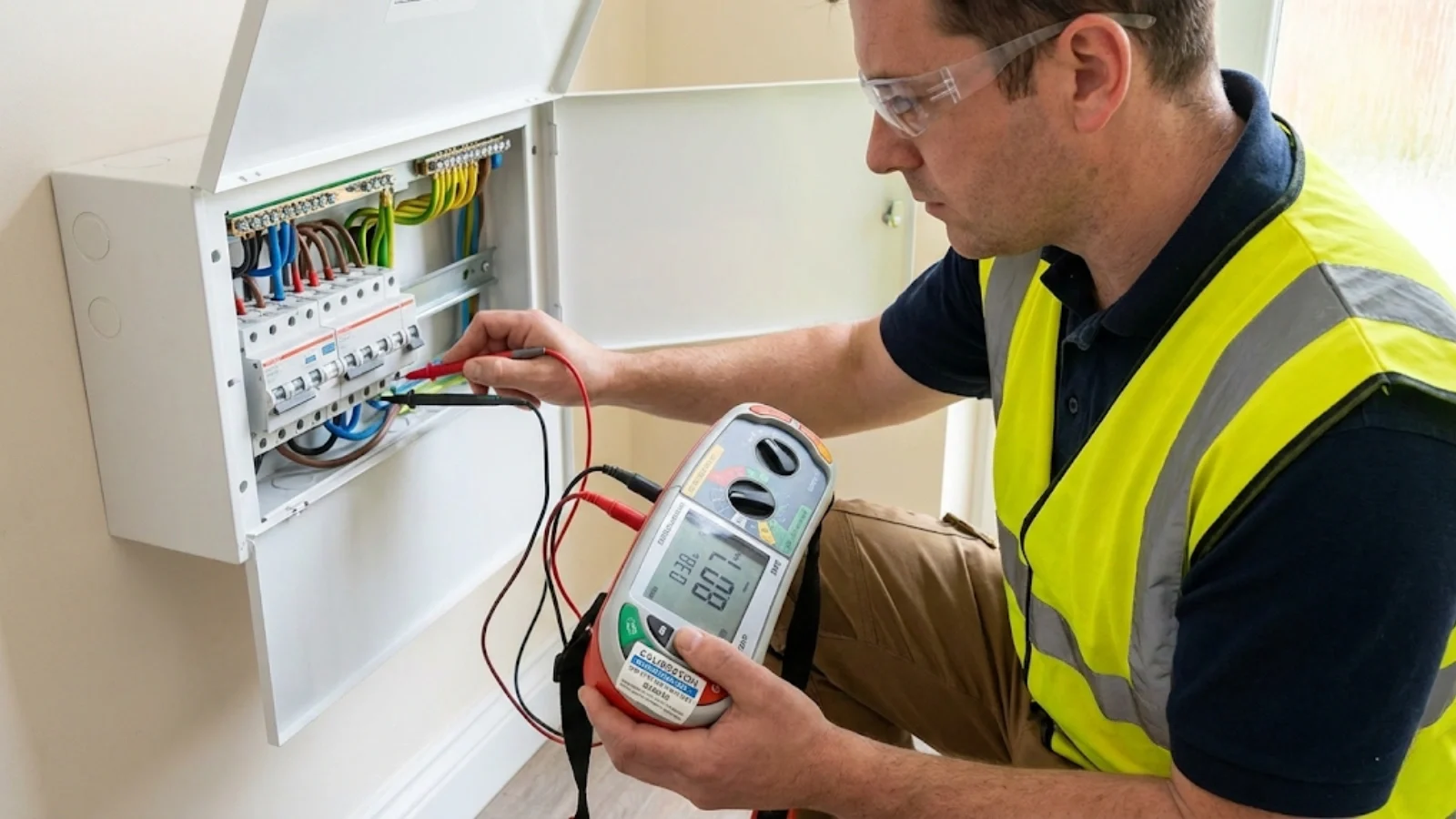 Electrician performing electrical testing using calibrated multifunction tester
