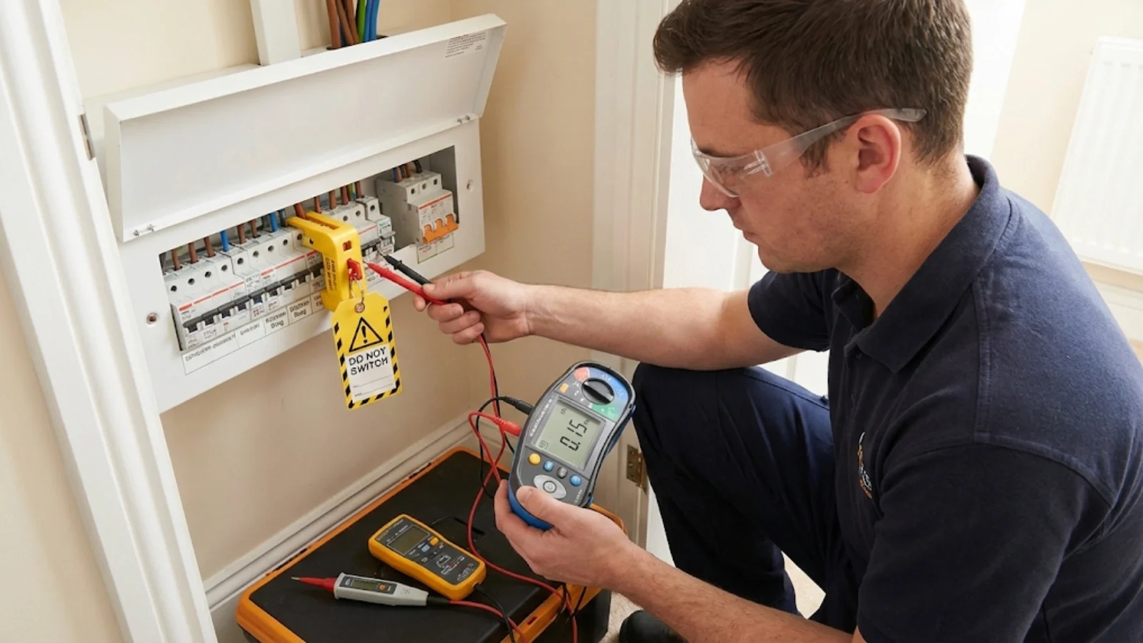 Electrician performing safe isolation and insulation resistance testing at consumer unit during fault diagnosis