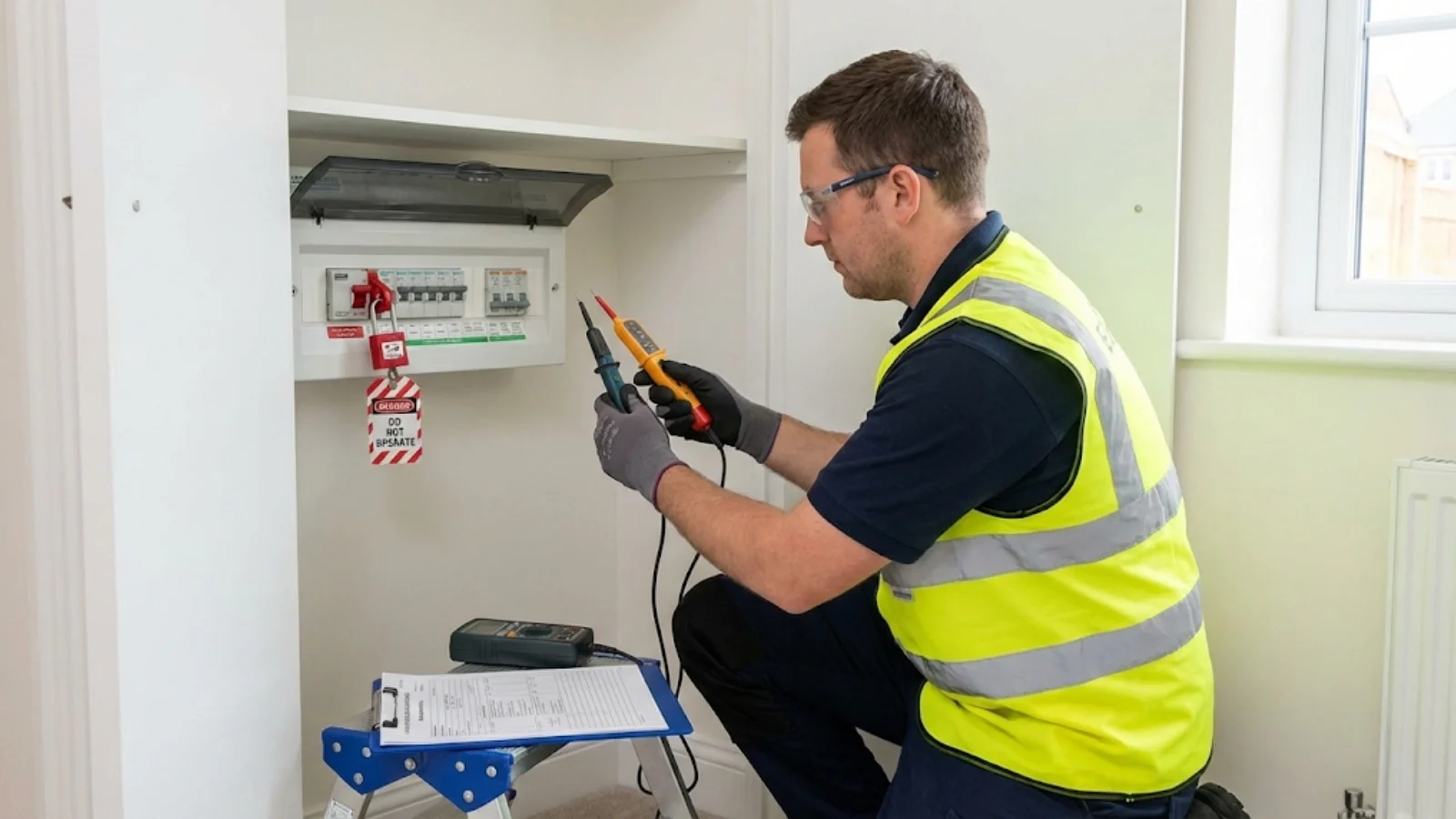 Electrician performing safe isolation procedure with voltage tester and lock-off device