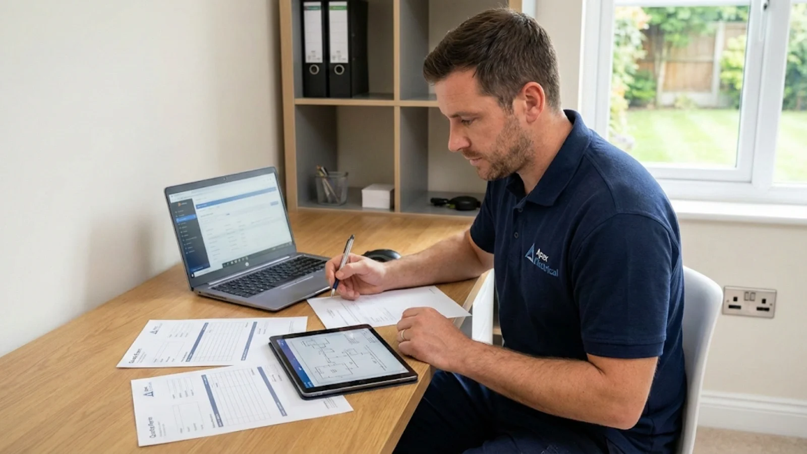 Electrician preparing professional written quote demonstrating business documentation practices