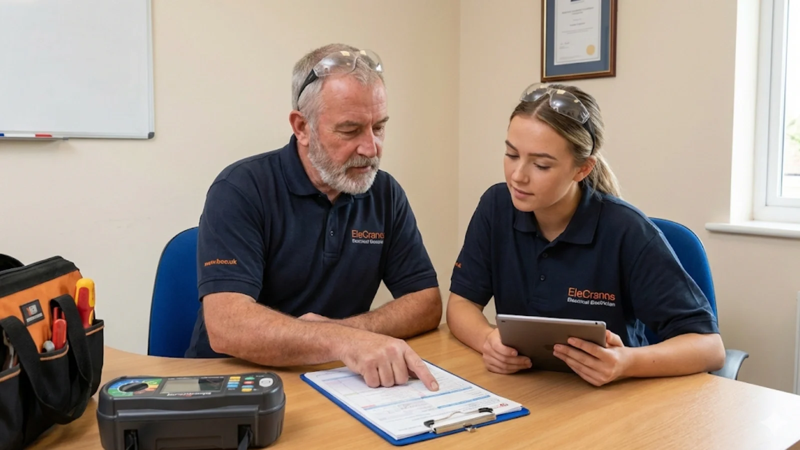 Electrician reviewing EICR with senior assessor during inspection mentoring
