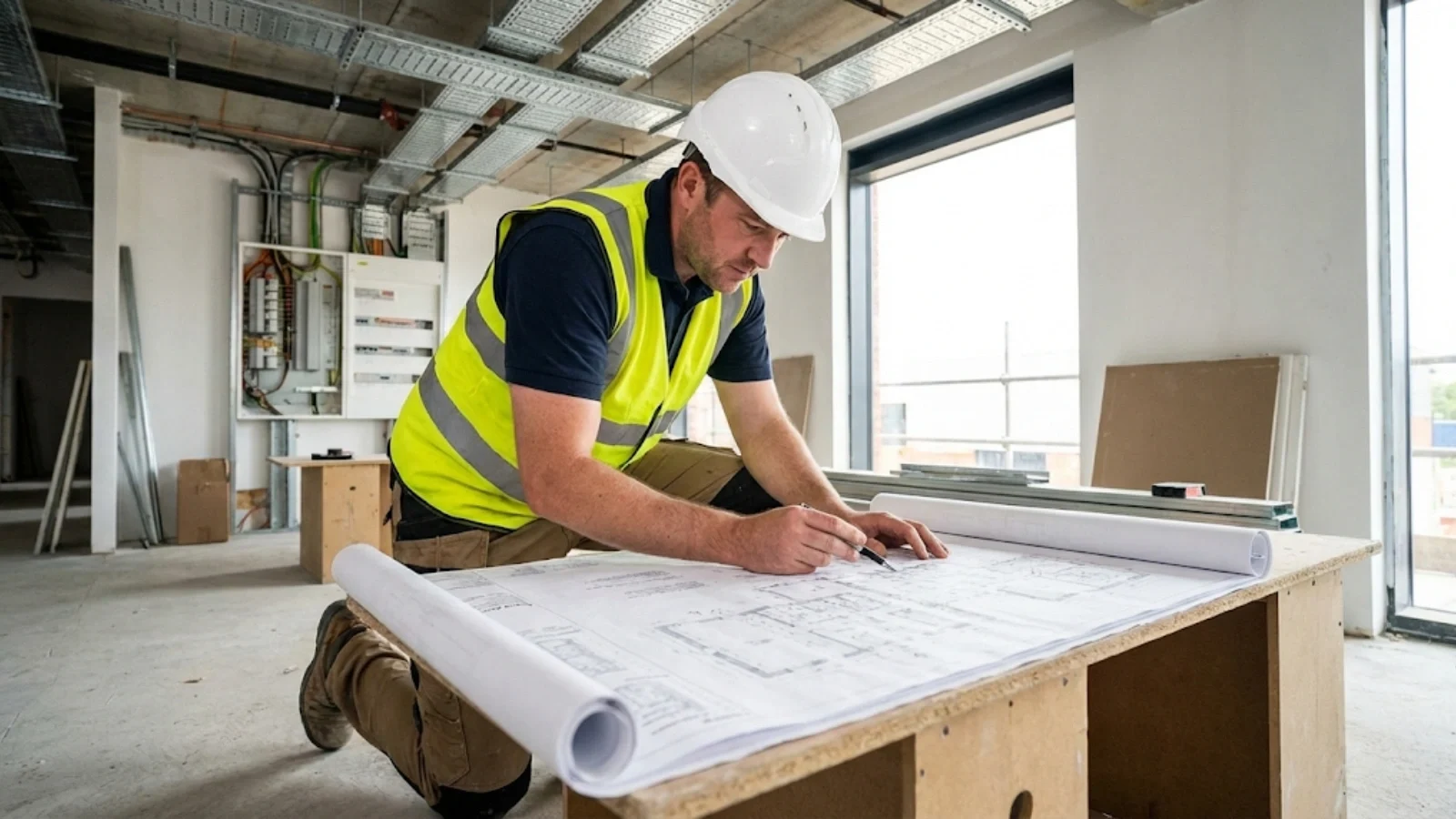 Electrician reviewing electrical installation drawings and plans on construction site