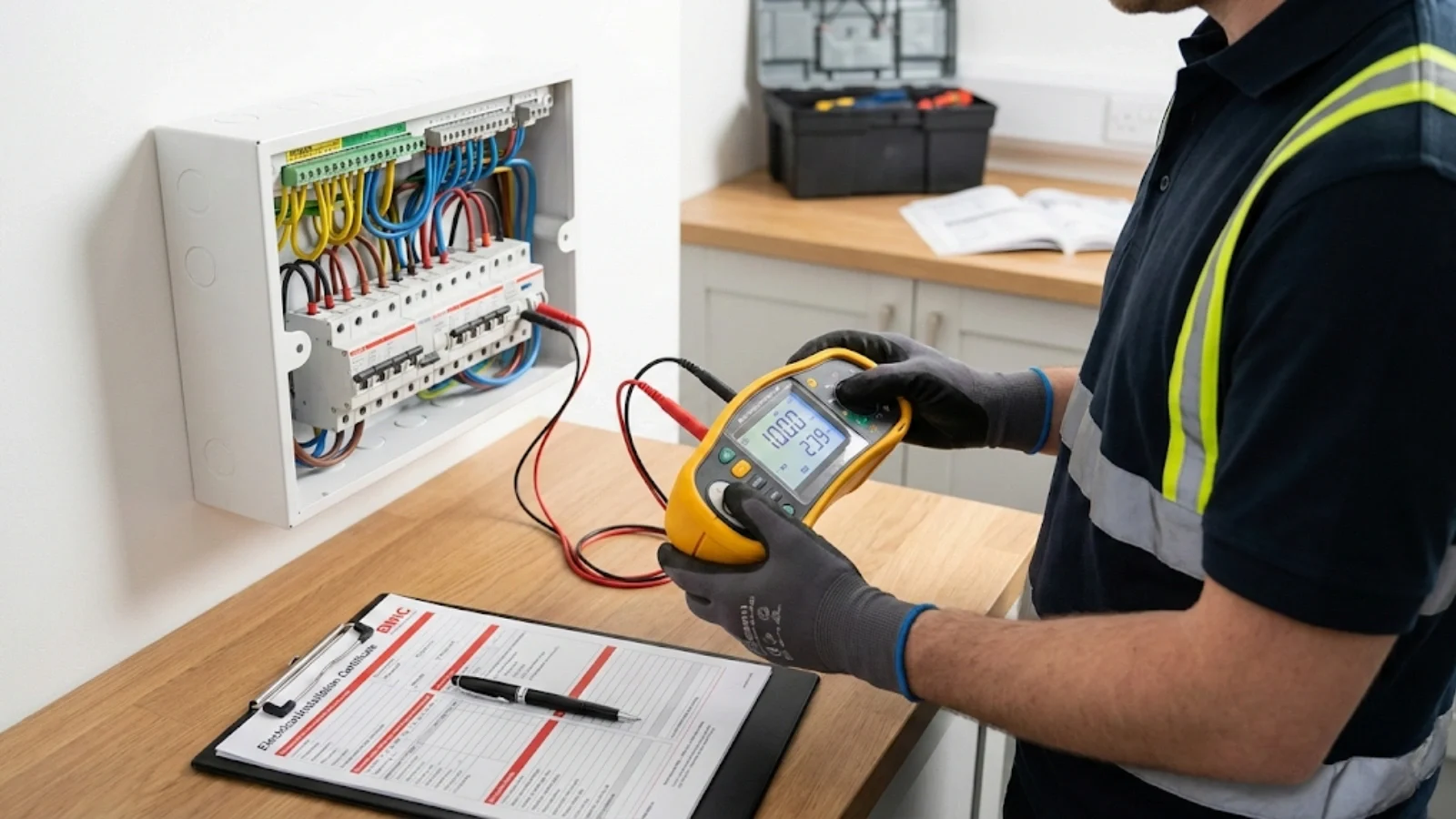 Electrician testing a consumer unit and completing electrical installation certification paperwork Electricians sign Electrical Installation Certificates as legal declarations of compliance with BS 7671:2018+A2:2022. That signature carries personal liability