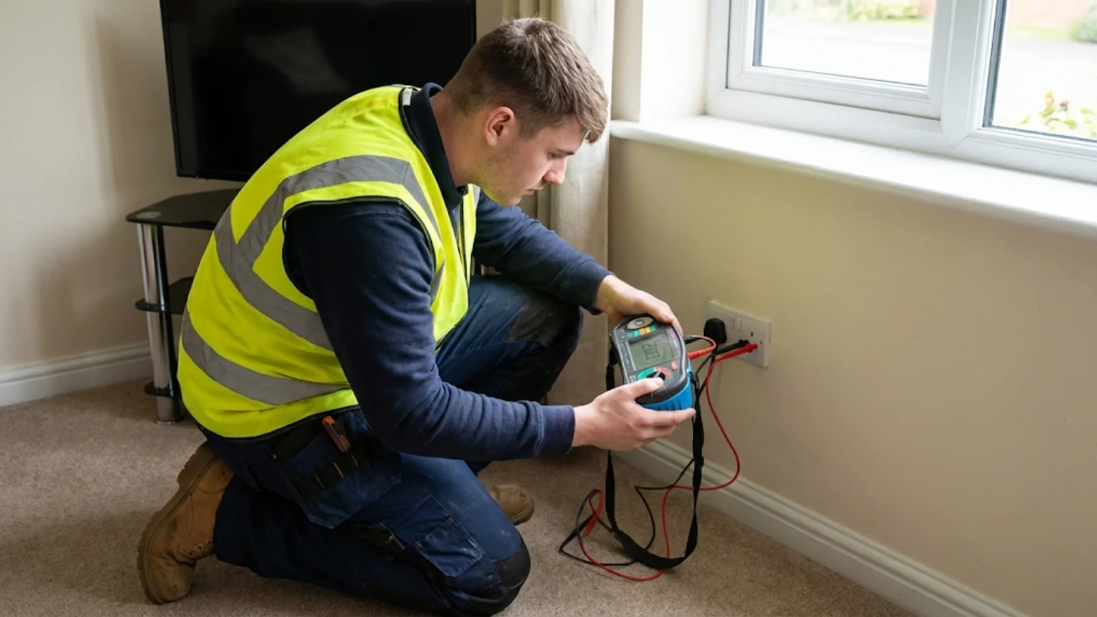 Electrician testing electrical installation at socket outlet using test equipment