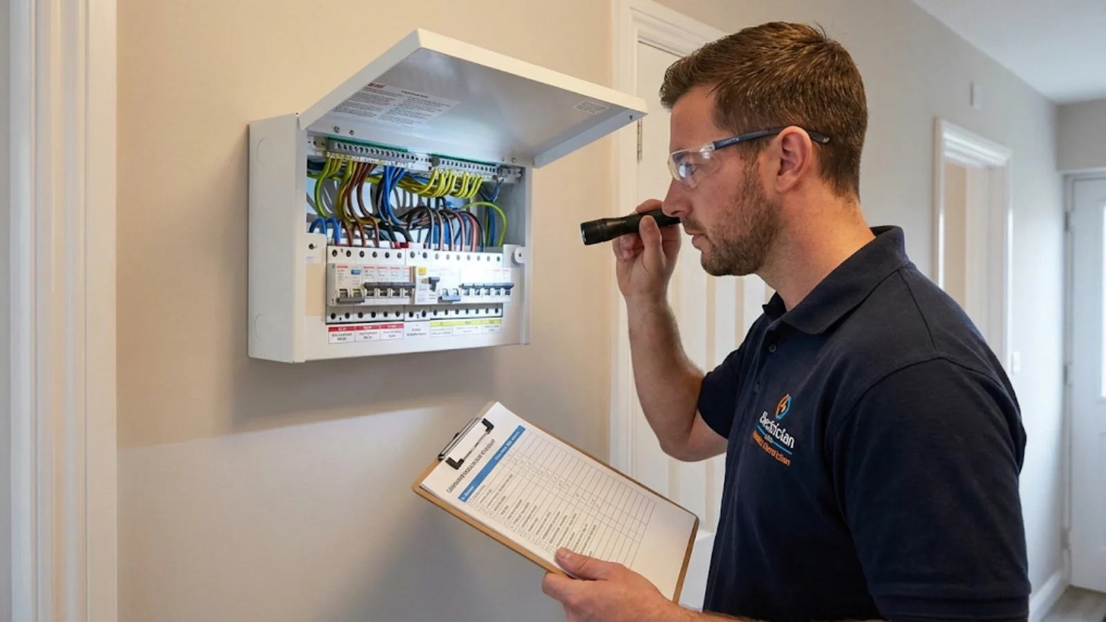 Electrician visually inspecting a consumer unit with checklist and torch before testing