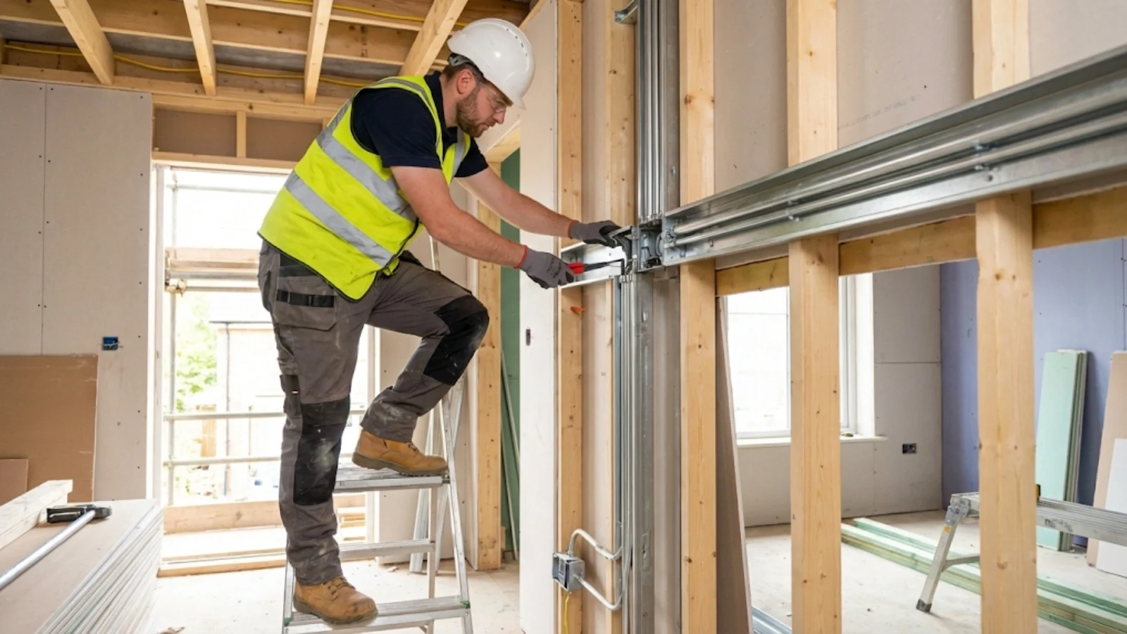 Electrician wearing appropriate PPE demonstrating safe working practices on construction site