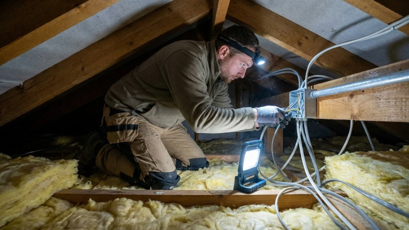 Electrician working in challenging loft space demonstrating physical demands of electrical work