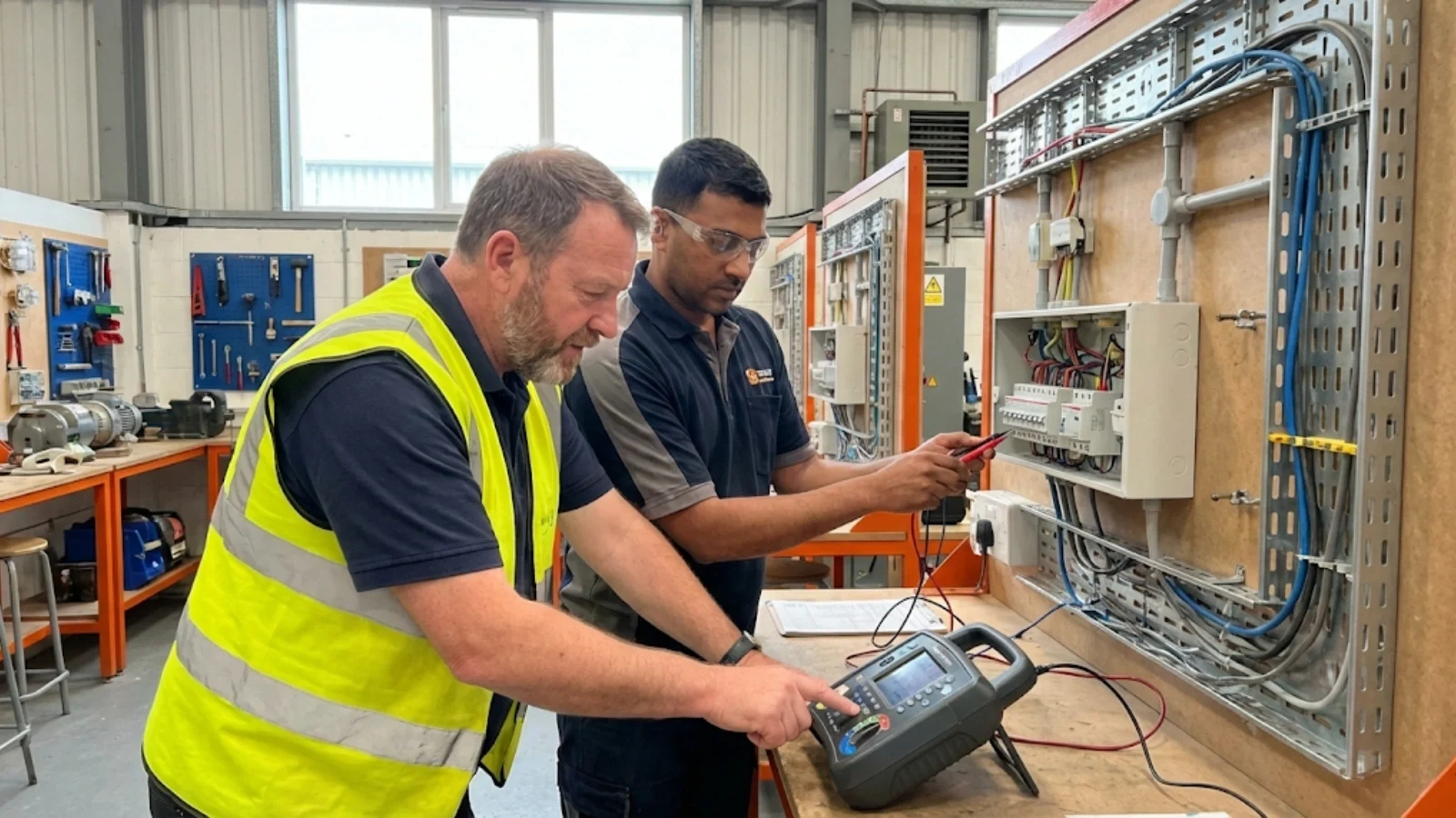 Experienced electrical instructor supervising an adult learner performing circuit testing at a training workbench in a professional Wolverhampton electrical training bay