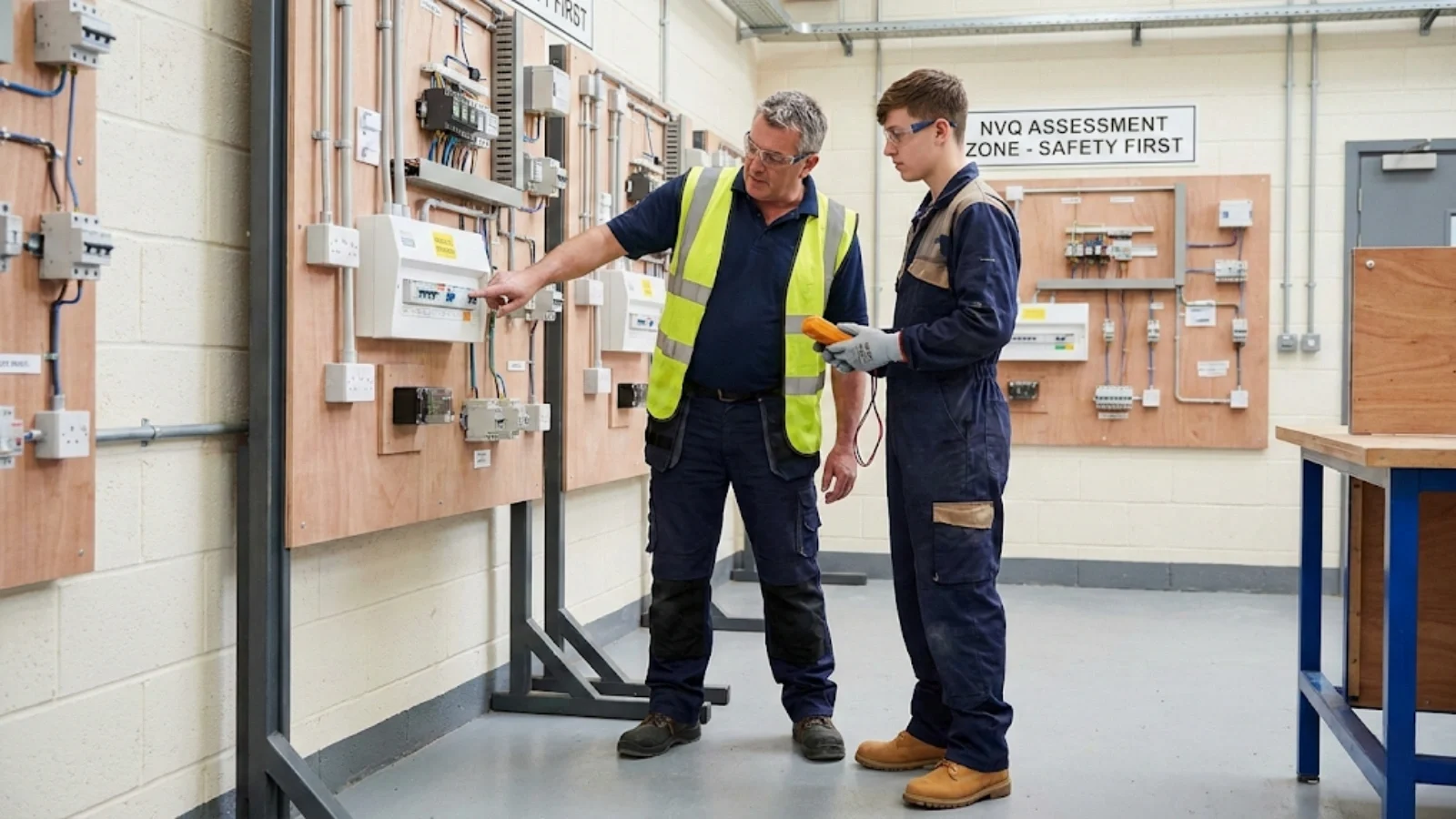 Experienced electrician mentoring an apprentice during NVQ training assessment