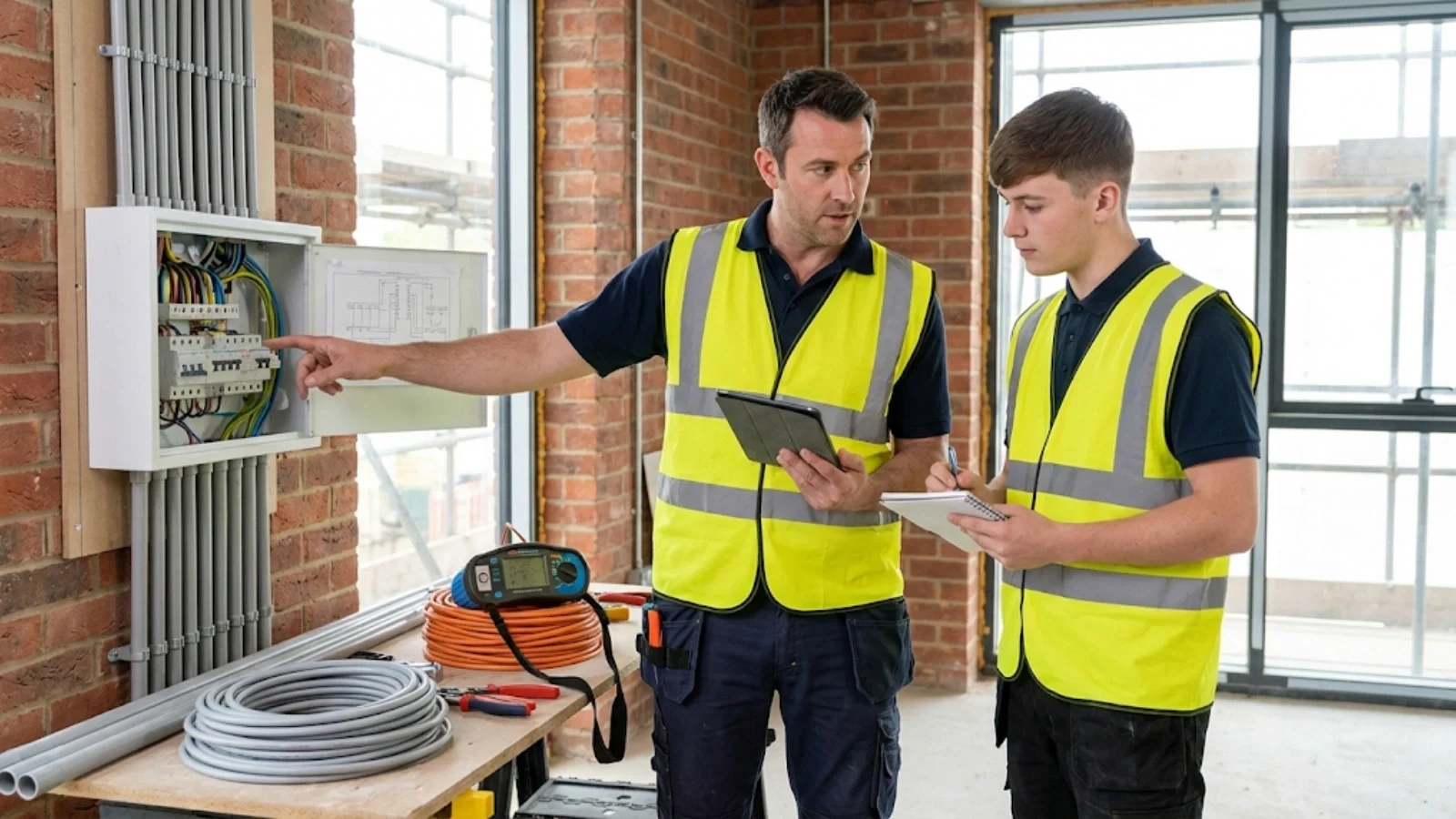 Experienced electrician mentoring new electrician showing knowledge transfer in the electrical trade