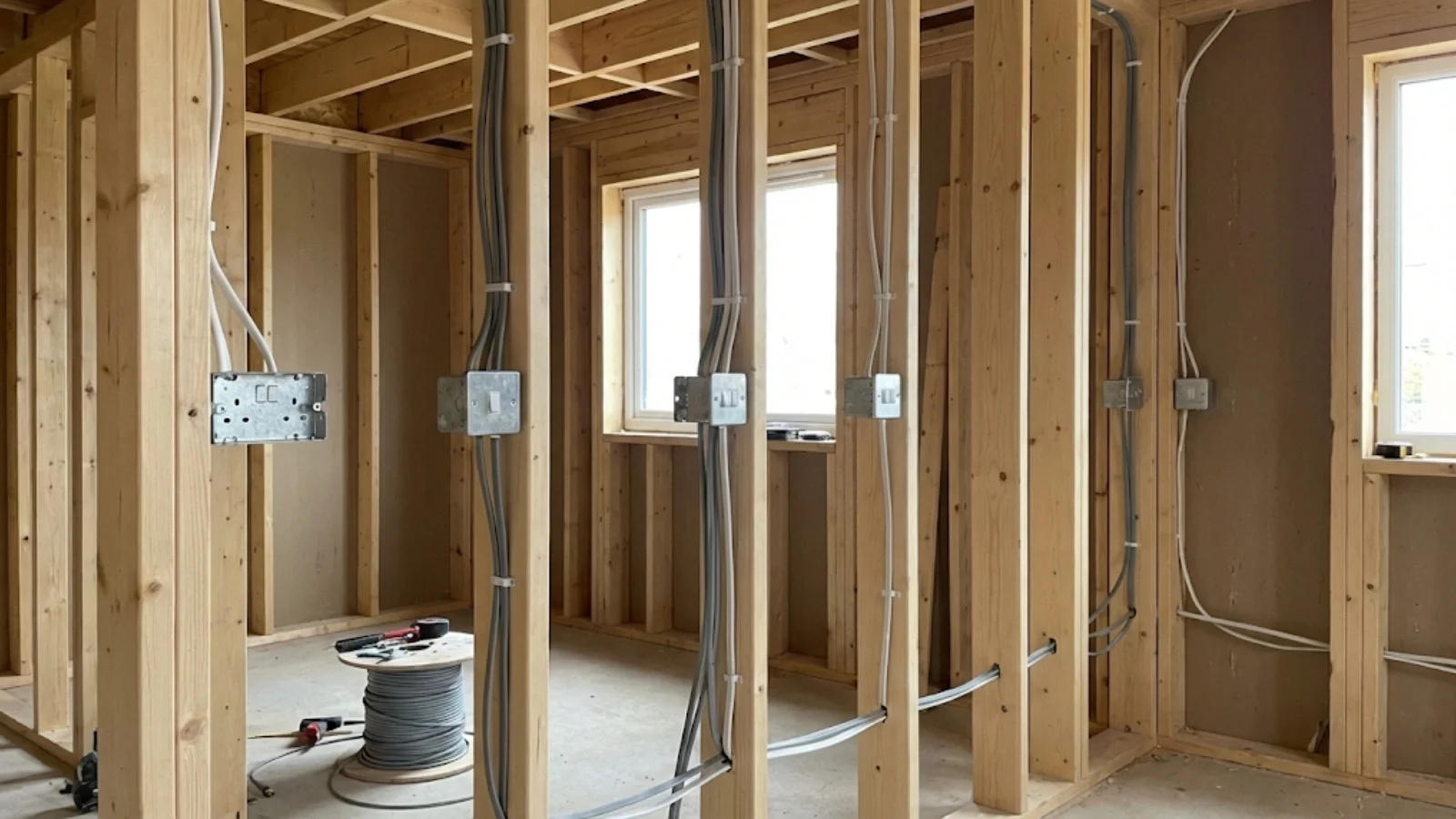 First fix electrical installation showing cable routing and containment in progress