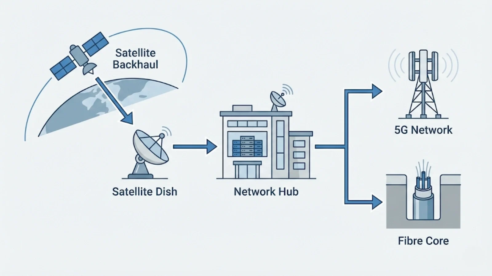 Flat vector diagram showing satellite backhaul connected to a telecom hub linking 5G network and fibre core