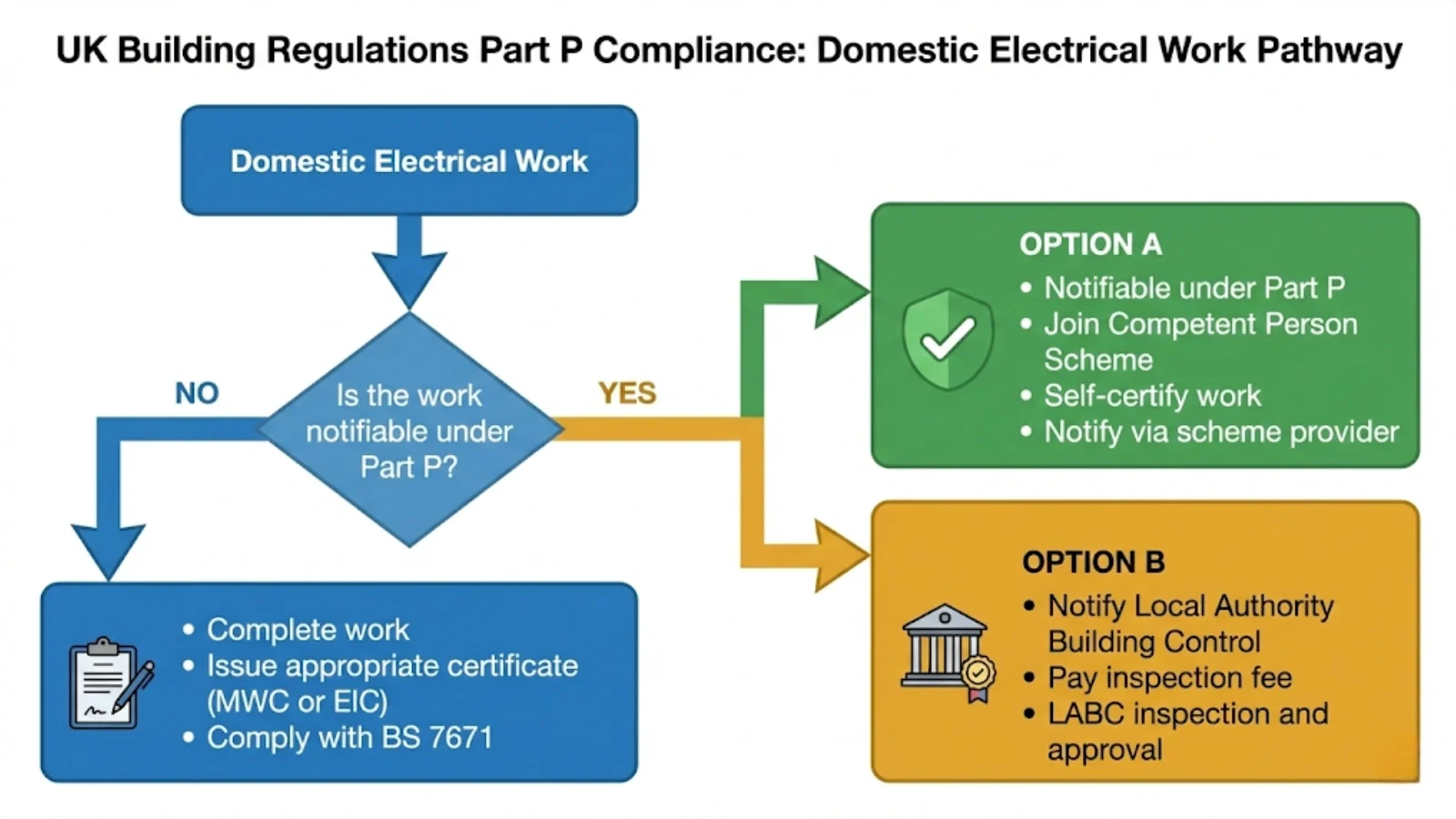 Part P compliance requires either Competent Person Scheme membership or Local Authority Building Control notification for domestic notifiable work