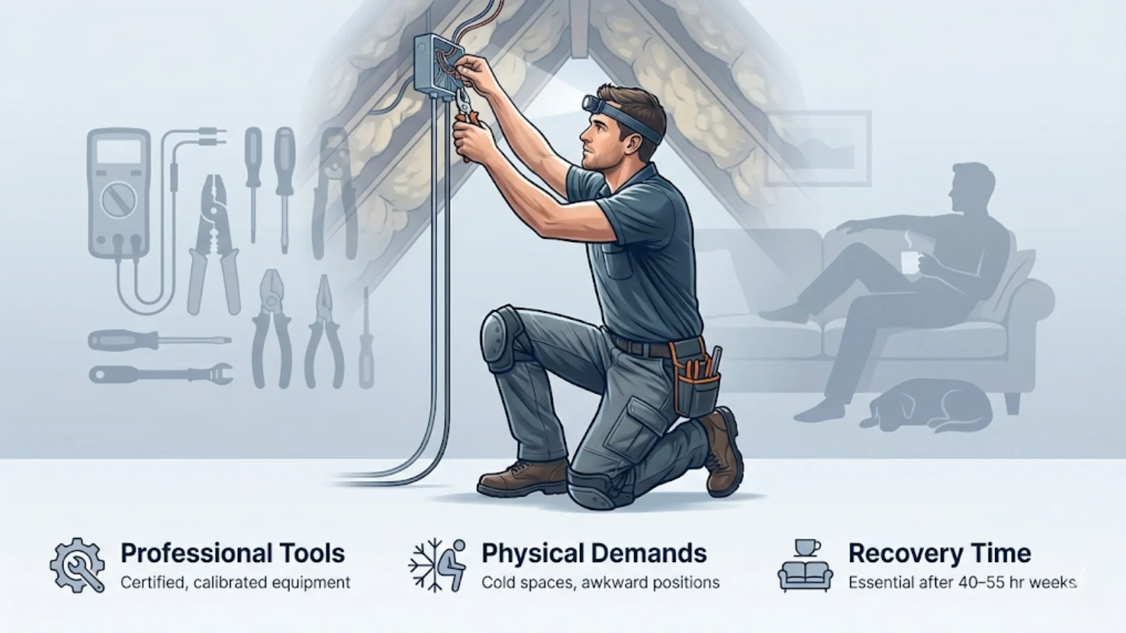 Illustrated featured image of electrician working onsite with shadow overlays of professional tools and home relaxation, plus icons explaining physical demands, tool investment, and recovery time