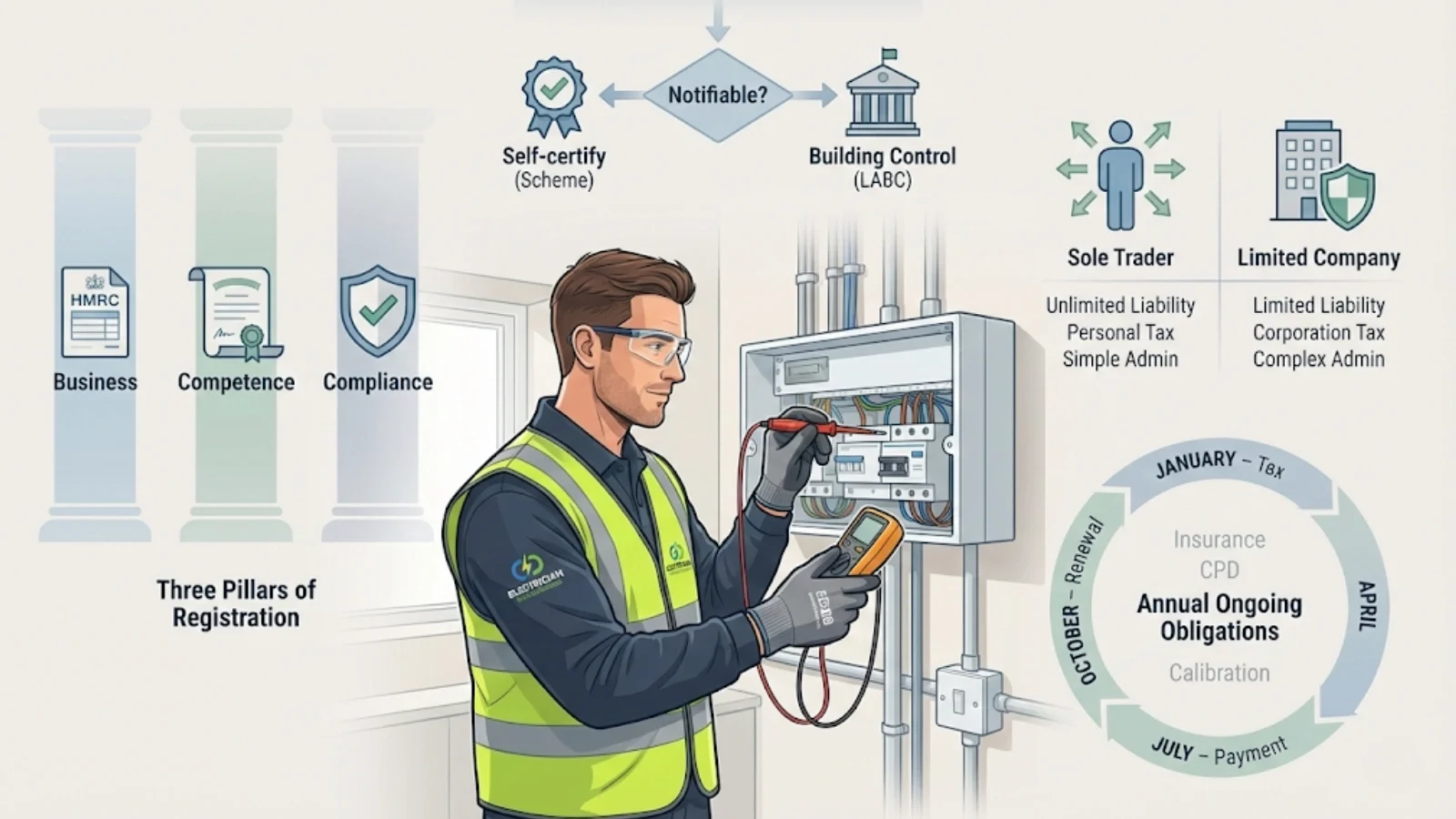 Illustrated featured image showing an electrician working onsite with background icons representing business registration, technical competence, Part P compliance, and annual obligations