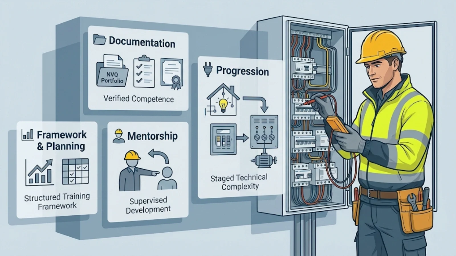 Illustrated featured image showing an onsite electrician working at a distribution board, with layered shadow panels behind representing verified competence documentation