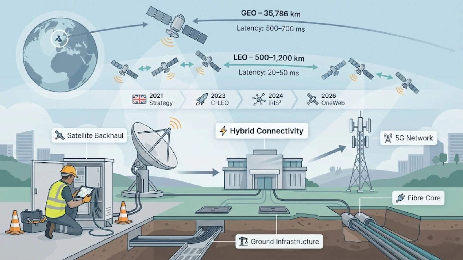 Illustrated hybrid satellite and 5G network infrastructure with onsite electrician and labelled GEO, LEO, fibre, and investment milestones