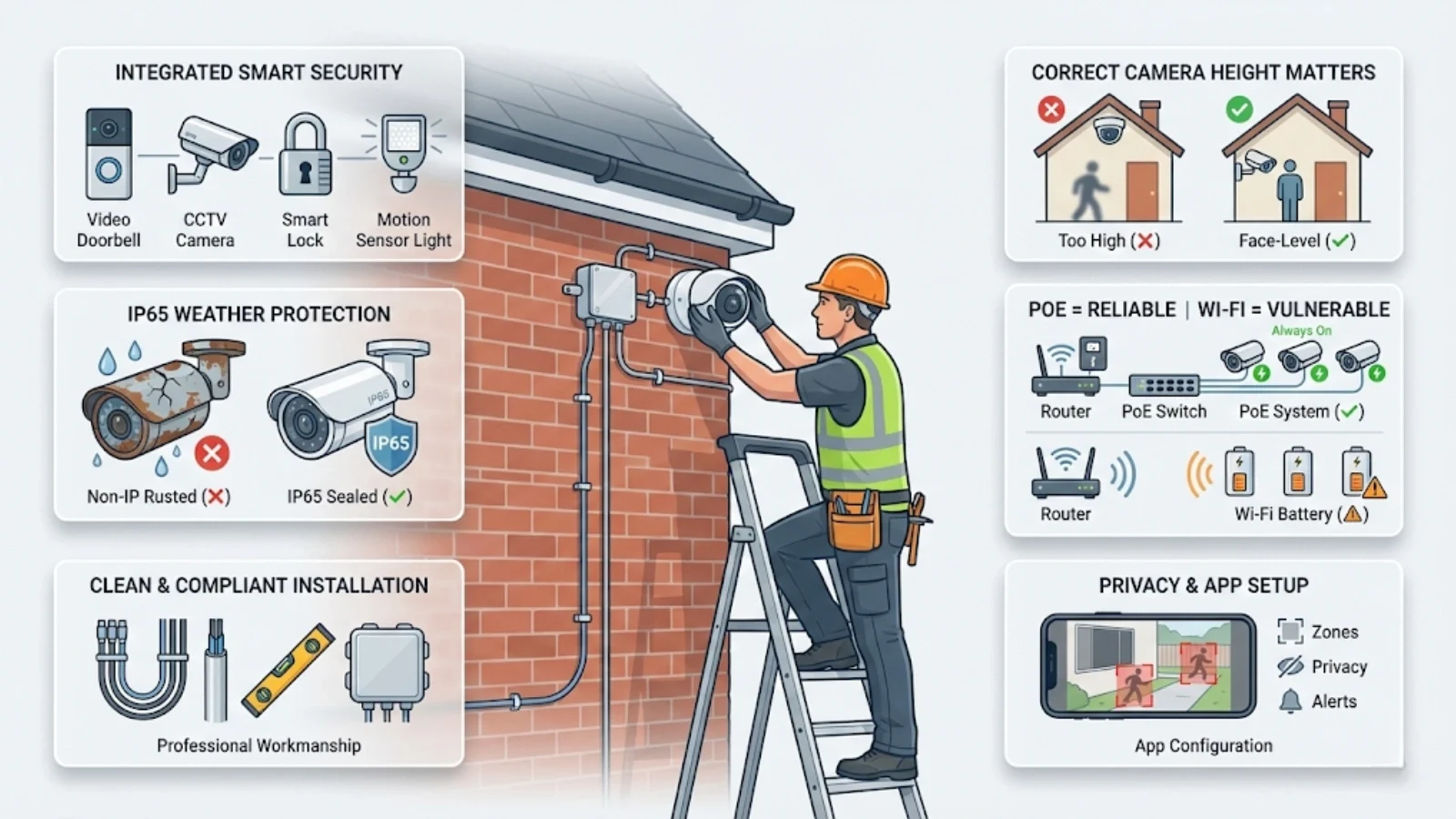 Illustrated overview of professional smart security installation showing electrician onsite with icons for camera positioning, IP65 protection, PoE system reliability, and app configuration Illustrated overview of professional smart security installation showing electrician onsite with icons for camera positioning, IP65 protection, PoE system reliability, and app configuration
