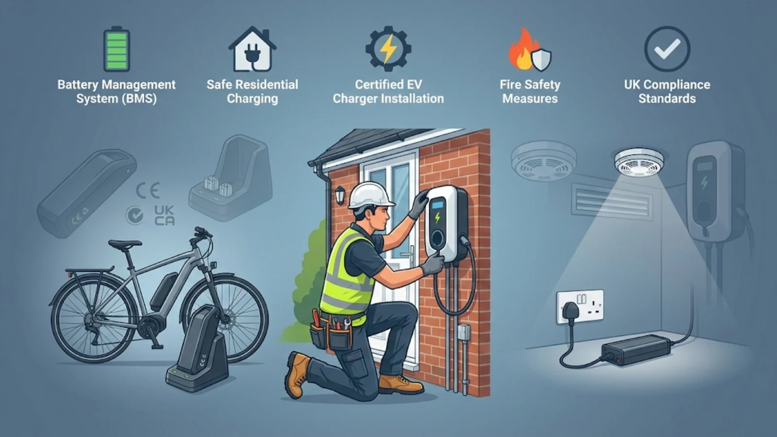 Illustration showing electrician installing EV charger onsite with compliant e-bike battery system, safe residential charging setup, and safety icons explaining UK compliance standards Illustration showing electrician installing EV charger onsite with compliant e-bike battery system, safe residential charging setup, and safety icons explaining UK compliance standards