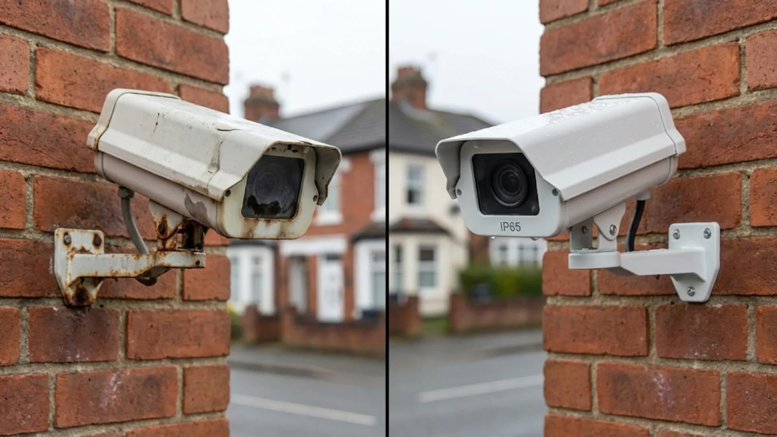 Impact of UK weather on security cameras without proper IP rating showing corroded unit versus sealed IP65-rated camera in good condition Side-by-side comparison demonstrating how UK weather exposure causes corrosion and deterioration in non-IP-rated cameras, while an IP65-rated unit remains fully protected and operational under the same conditions