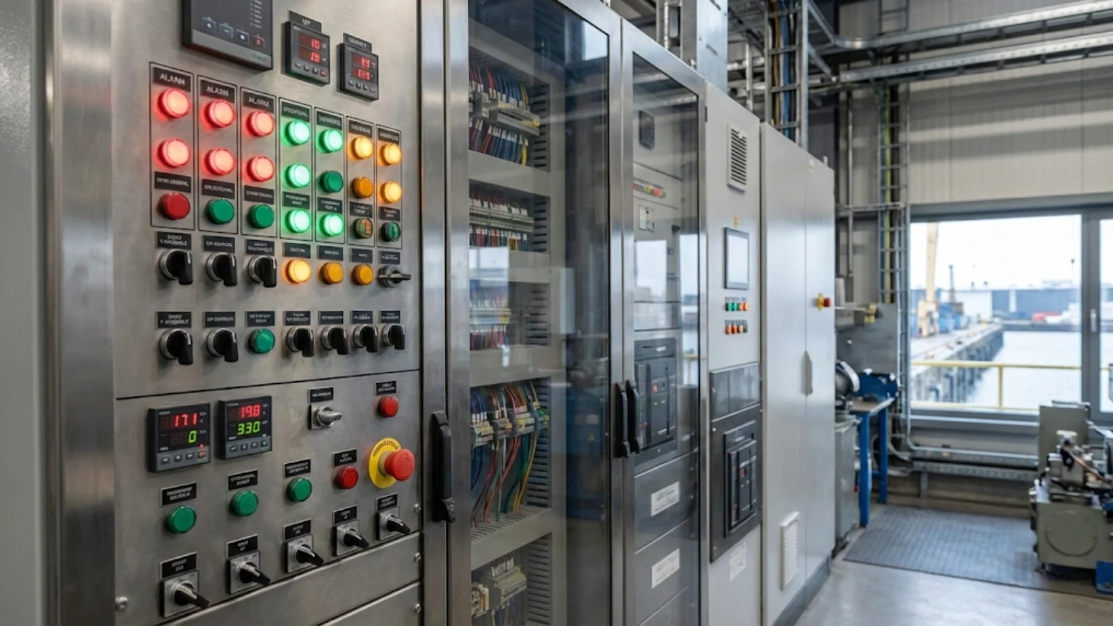 Industrial electrical control panel showing multiple colour-coded status indicators and alarm systems