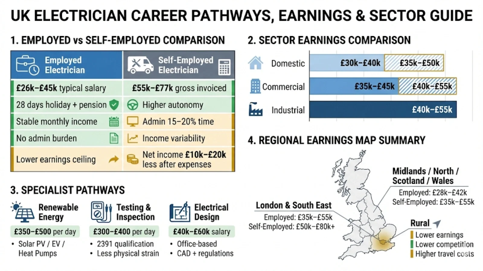 Electrician career earnings and satisfaction vary by employment type, sector specialisation, and UK region, with clear trade-offs between stability, autonomy, and earning potential