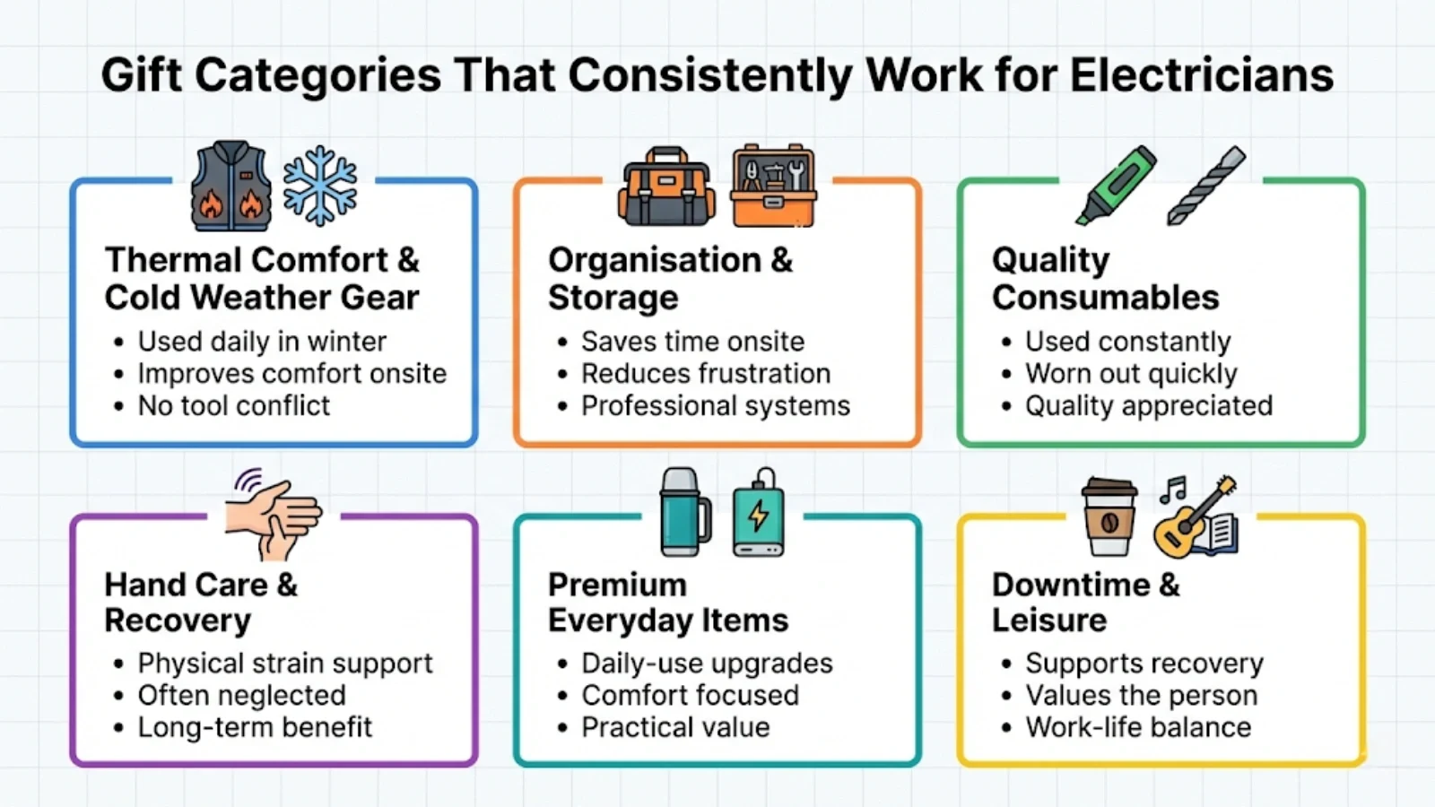 Six proven gift categories that electricians genuinely value — focused on comfort, efficiency, recovery, daily practicality, and life beyond work
